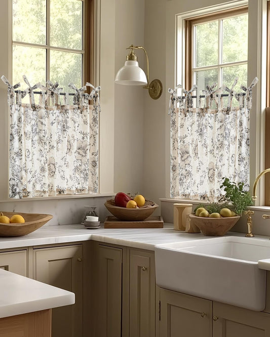 jinchan Floral Linen Tier Curtains 36 Inch Farmhouse Cafe Curtains Tie Top Botanic Drapes for Small Windows Over Sink for Kitchen Country Rustic Laundry Room Bathroom RV 2 Panels Black on Beige