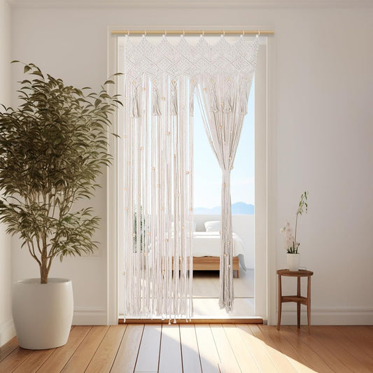 BECHAEO Boho Macrame Beaded Curtain Handmade Door String Curtain for Doorway Window Cotton Tassels Beads Hanging Hippie Room Divider Hallway Closet Bedroom Living Room Decor, 1 Panel 79" L x 35" W