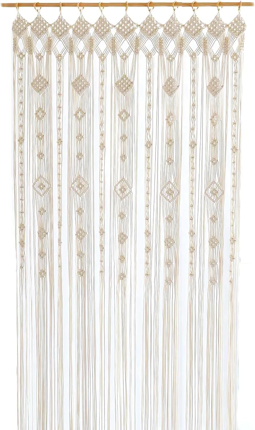Boho Macrame Window Curtain Room Divider Doorway Curtain 79 x 35 Inches Large Long Macrame Wall Hanging for Living Room Bedroom Bohemian Home Decor Wedding Backdrop, Gypsophila - 1 Panel L
