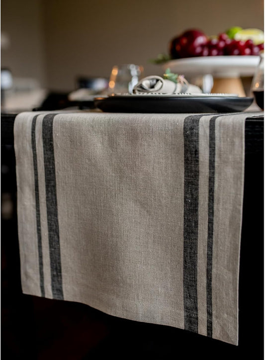 Solino Home Linen Table Runner 90 Inches Long - French Stripe, 100% Pure Linen Black and Natural Farmhouse Table Runner 14 x 90 Inch Ideal for Dining, Fall, Autumn, Thanksgiving, Holiday