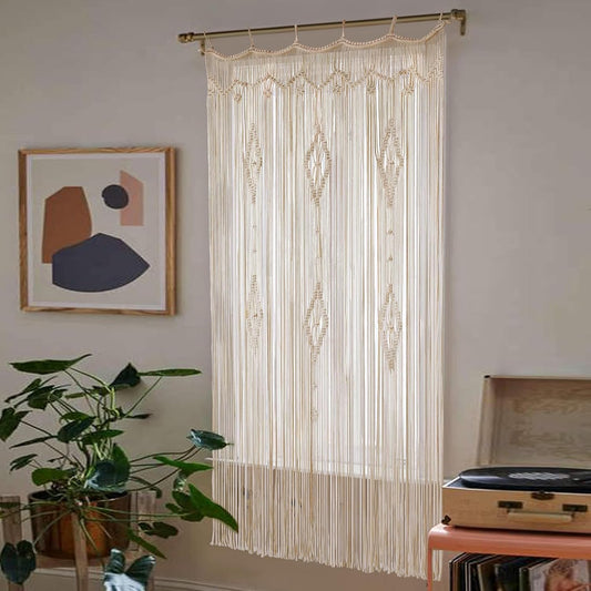 Macrame Curtain Long Cotton Window Panel Boho Curtains for Bedroom Wedding Backdrop Room Divider Doorway Closet Apartment 35''W x 70''L
