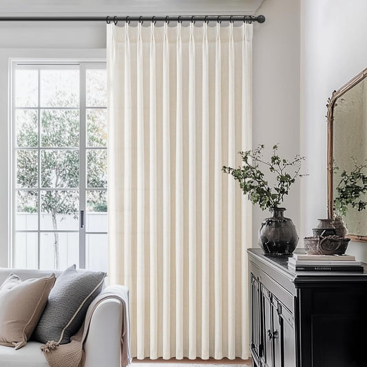 Pinch Pleated Linen Curtains 96 Inches Long for Living Room Bedroom, Light Filtering Boho Window Drape 96 inch 2 Panels Burgs with Hooks&Rings 8ft Cream Birch Sliding Glass Door Sheer Curtain Decor