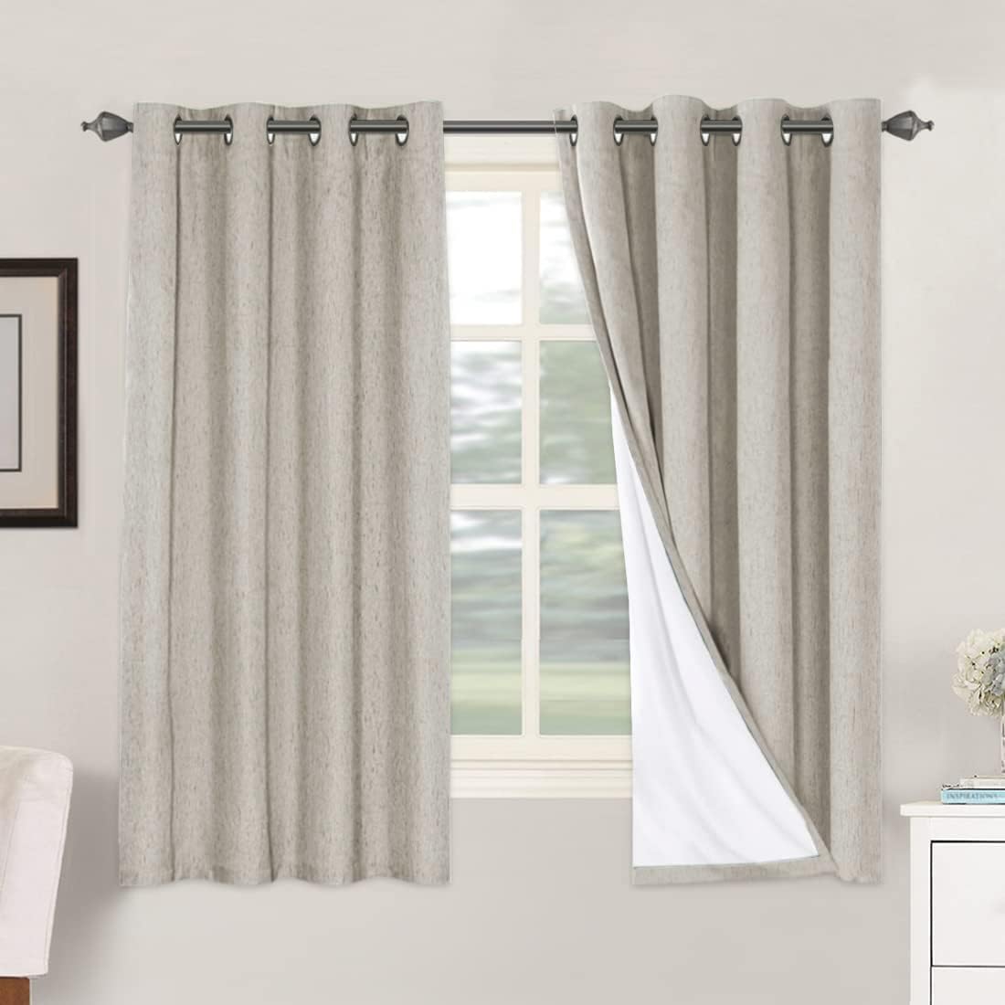 H.VERSAILTEX Linen Blackout Curtains 45 Inches Long 100% Blackout Thermal Insulated Textured Linen Look Curtain Draperies Anti-Rust Grommet, Energy Saving with White Liner, 2 Panels, Natural