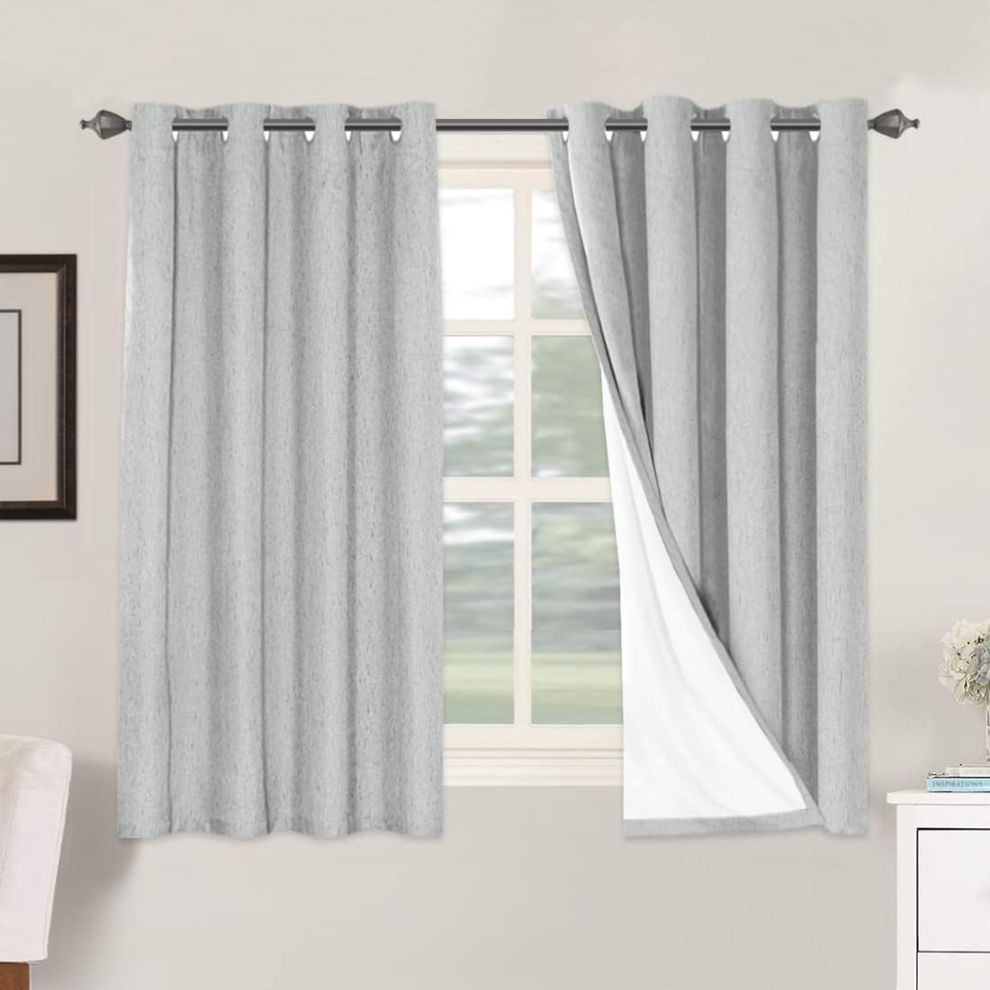 H.VERSAILTEX Linen Blackout Curtains 45 Inches Long 100% Blackout Thermal Insulated Textured Linen Look Curtain Draperies Anti-Rust Grommet, Energy Saving with White Liner, 2 Panels, Natural