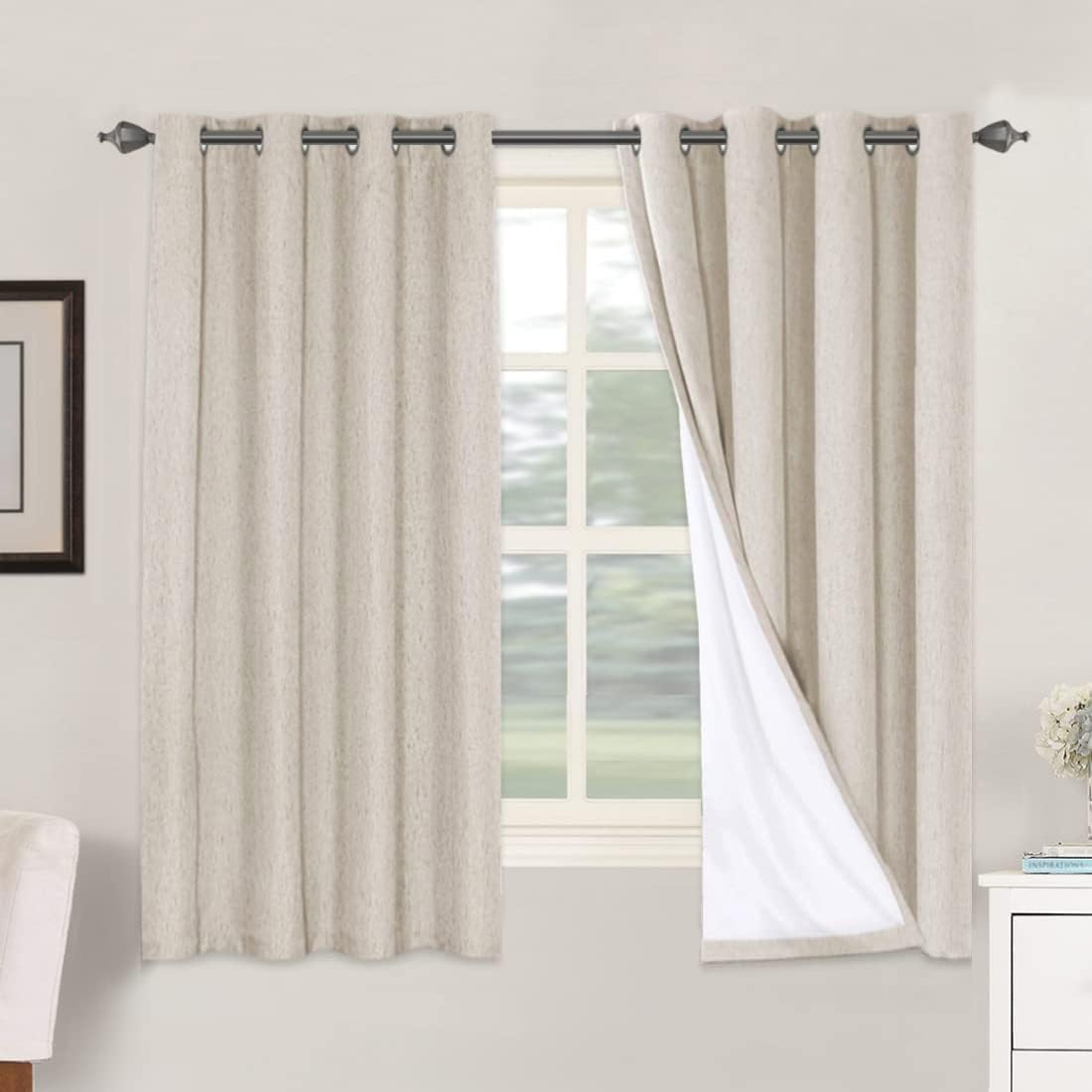 H.VERSAILTEX Linen Blackout Curtains 45 Inches Long 100% Blackout Thermal Insulated Textured Linen Look Curtain Draperies Anti-Rust Grommet, Energy Saving with White Liner, 2 Panels, Natural