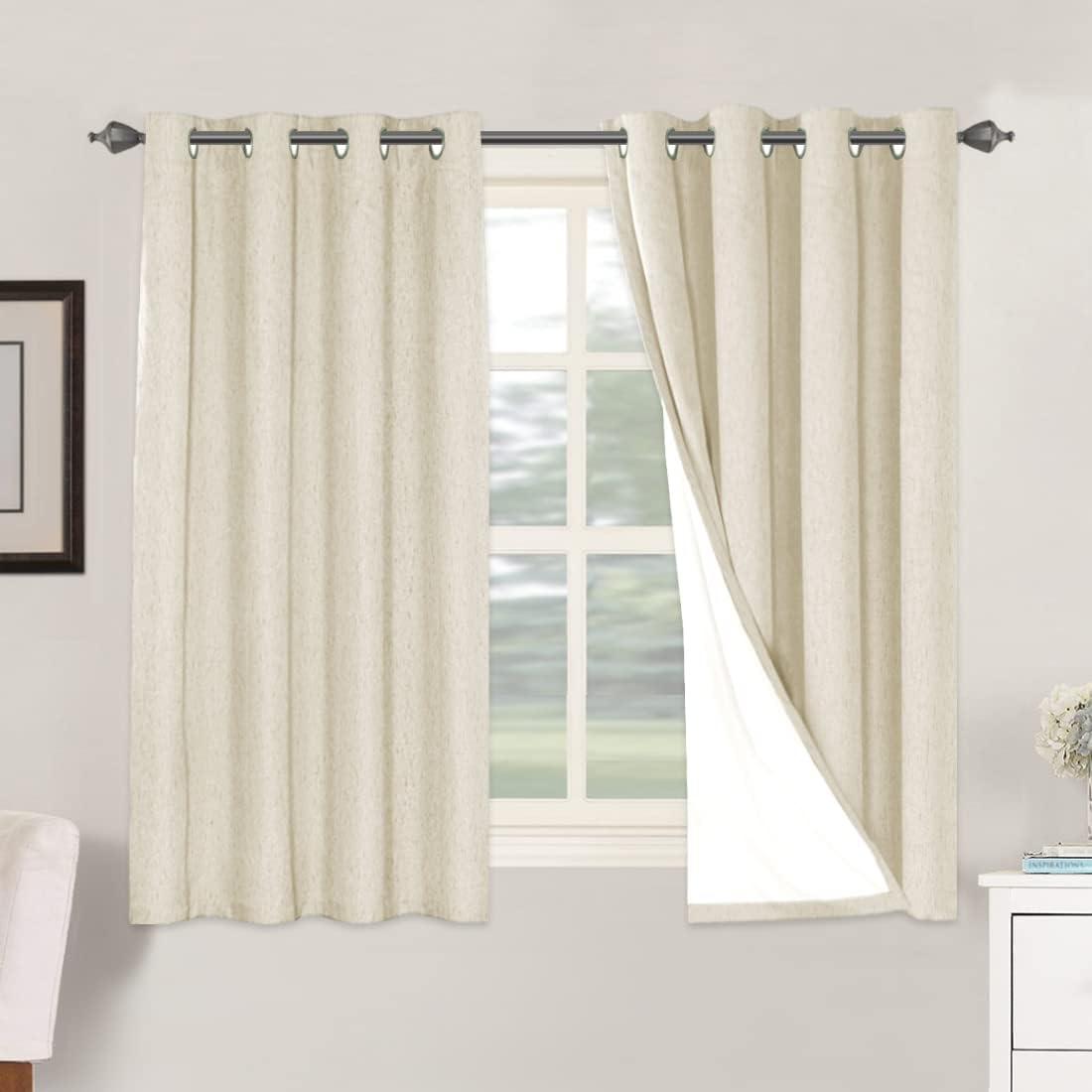 H.VERSAILTEX Linen Blackout Curtains 45 Inches Long 100% Blackout Thermal Insulated Textured Linen Look Curtain Draperies Anti-Rust Grommet, Energy Saving with White Liner, 2 Panels, Natural