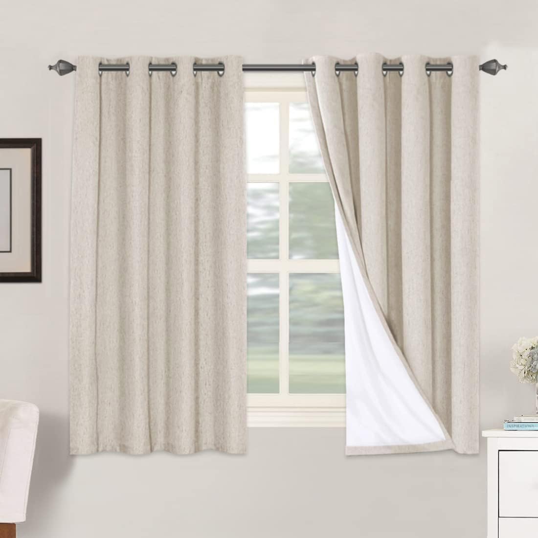 H.VERSAILTEX Linen Blackout Curtains 45 Inches Long 100% Blackout Thermal Insulated Textured Linen Look Curtain Draperies Anti-Rust Grommet, Energy Saving with White Liner, 2 Panels, Natural