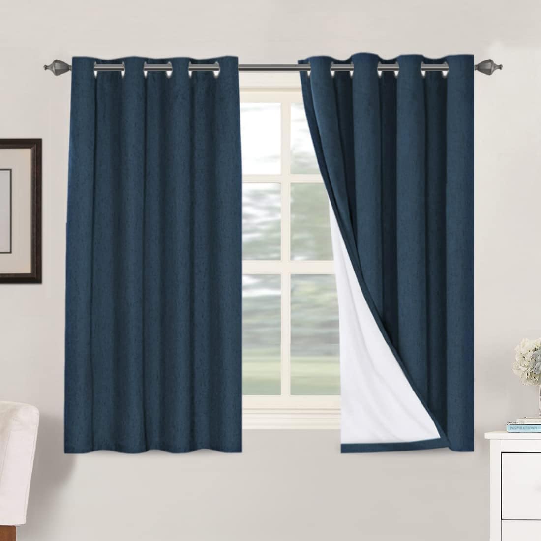 H.VERSAILTEX Linen Blackout Curtains 45 Inches Long 100% Blackout Thermal Insulated Textured Linen Look Curtain Draperies Anti-Rust Grommet, Energy Saving with White Liner, 2 Panels, Natural