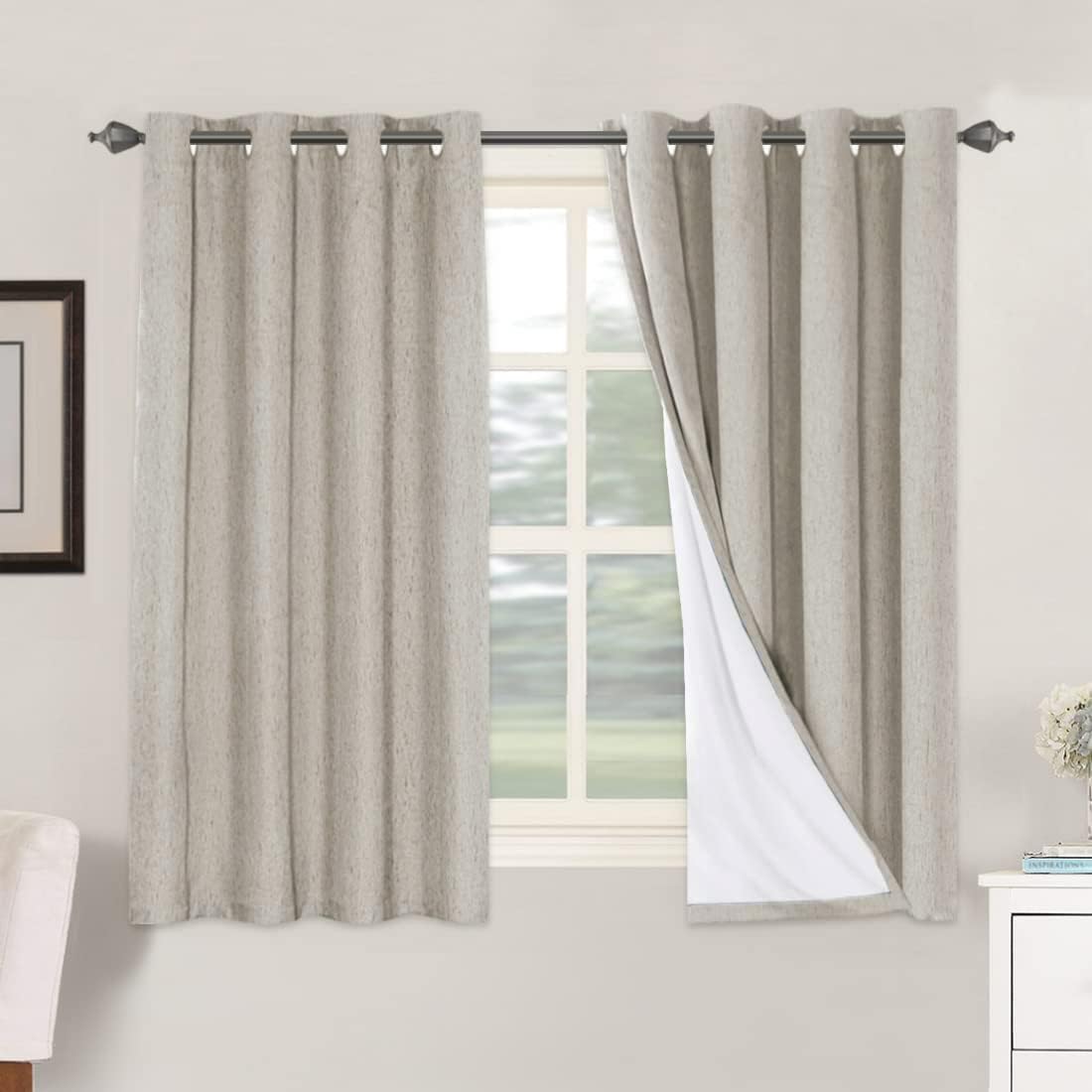 H.VERSAILTEX Linen Blackout Curtains 45 Inches Long 100% Blackout Thermal Insulated Textured Linen Look Curtain Draperies Anti-Rust Grommet, Energy Saving with White Liner, 2 Panels, Natural