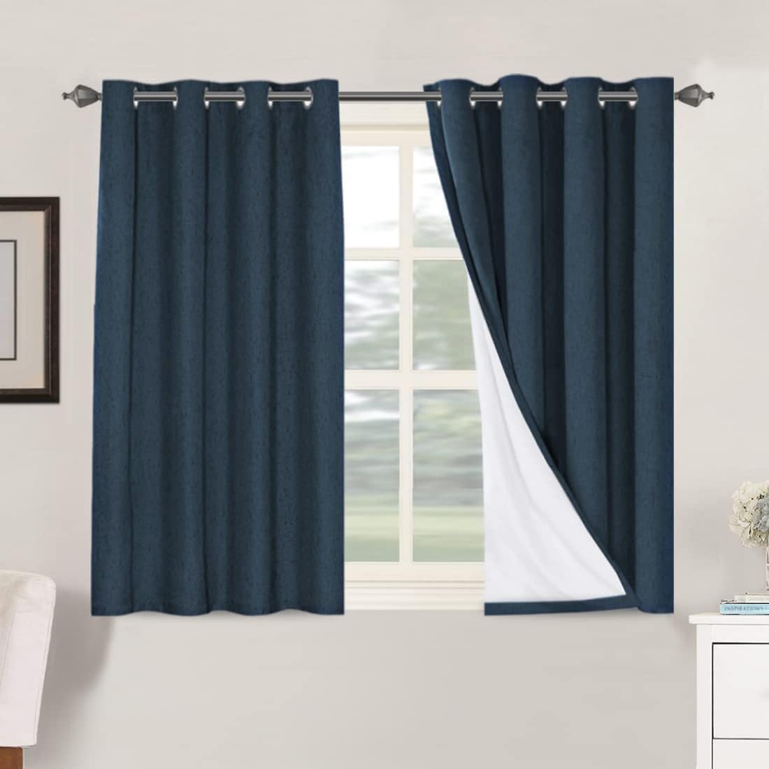 H.VERSAILTEX Linen Blackout Curtains 45 Inches Long 100% Blackout Thermal Insulated Textured Linen Look Curtain Draperies Anti-Rust Grommet, Energy Saving with White Liner, 2 Panels, Natural