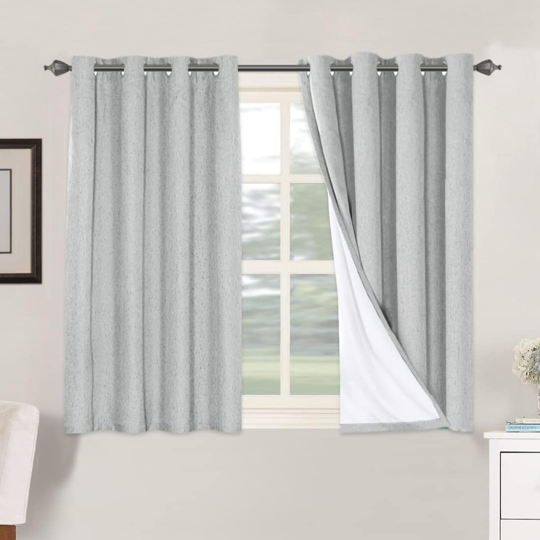H.VERSAILTEX Linen Blackout Curtains 45 Inches Long 100% Blackout Thermal Insulated Textured Linen Look Curtain Draperies Anti-Rust Grommet, Energy Saving with White Liner, 2 Panels, Natural