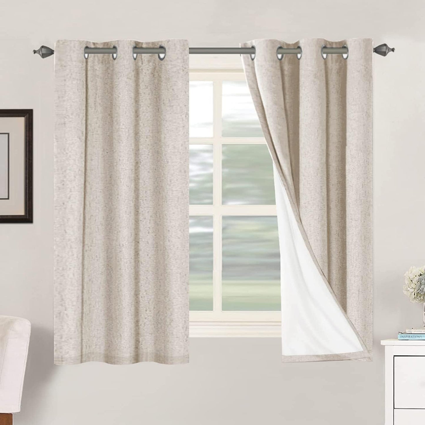 H.VERSAILTEX Linen Blackout Curtains 45 Inches Long 100% Blackout Thermal Insulated Textured Linen Look Curtain Draperies Anti-Rust Grommet, Energy Saving with White Liner, 2 Panels, Natural