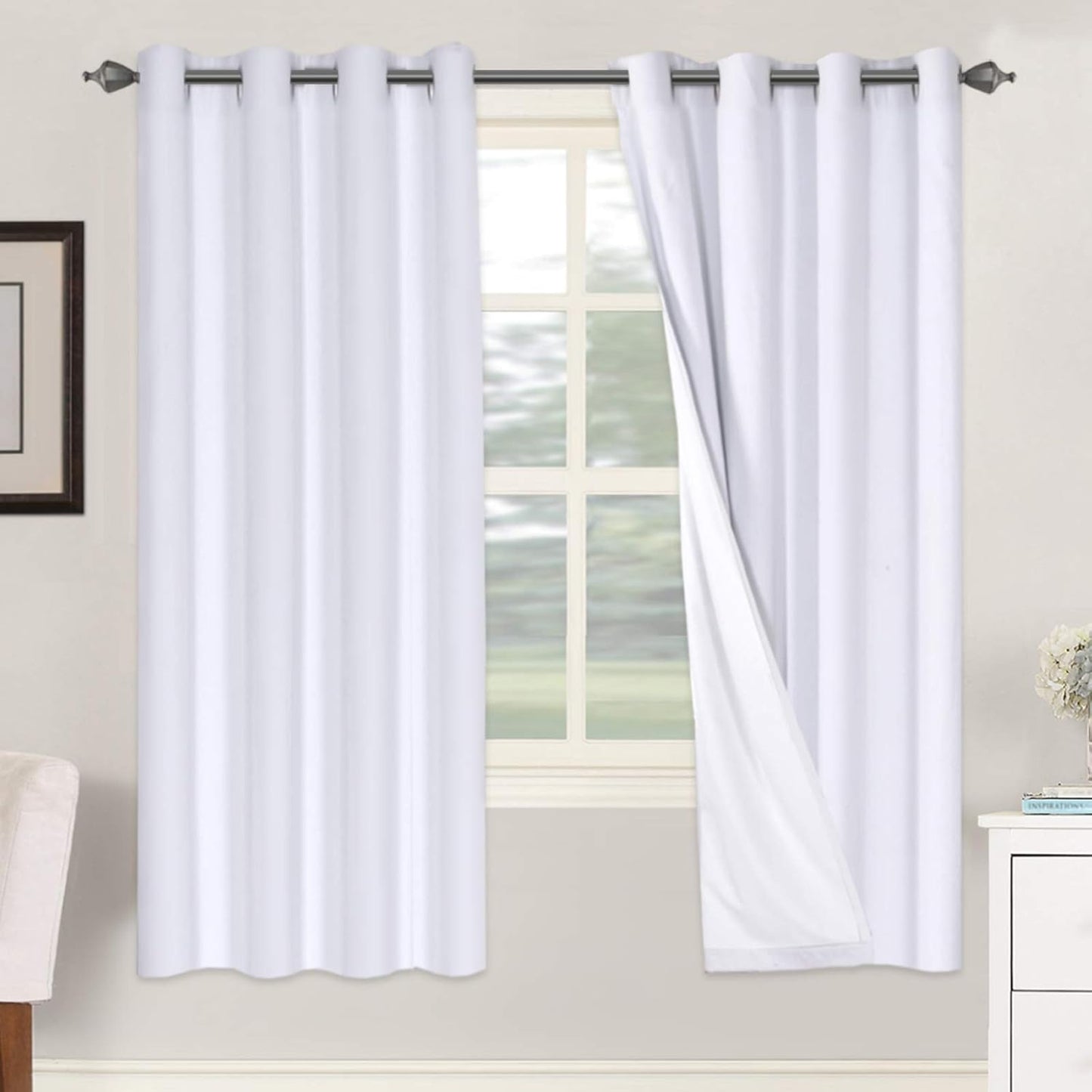 H.VERSAILTEX Linen Blackout Curtains 45 Inches Long 100% Blackout Thermal Insulated Textured Linen Look Curtain Draperies Anti-Rust Grommet, Energy Saving with White Liner, 2 Panels, Natural