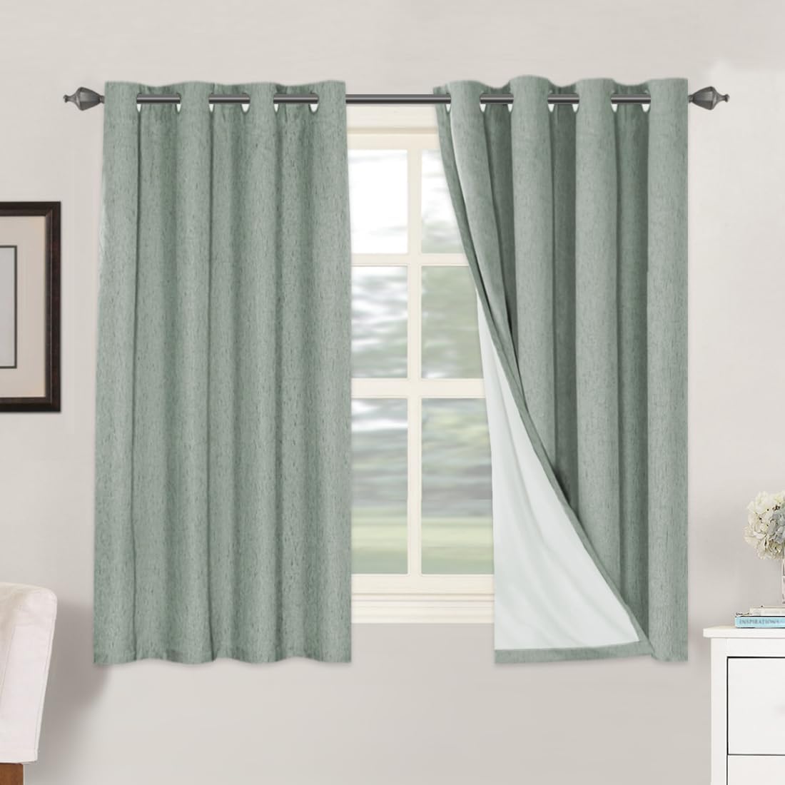 H.VERSAILTEX Linen Blackout Curtains 45 Inches Long 100% Blackout Thermal Insulated Textured Linen Look Curtain Draperies Anti-Rust Grommet, Energy Saving with White Liner, 2 Panels, Natural
