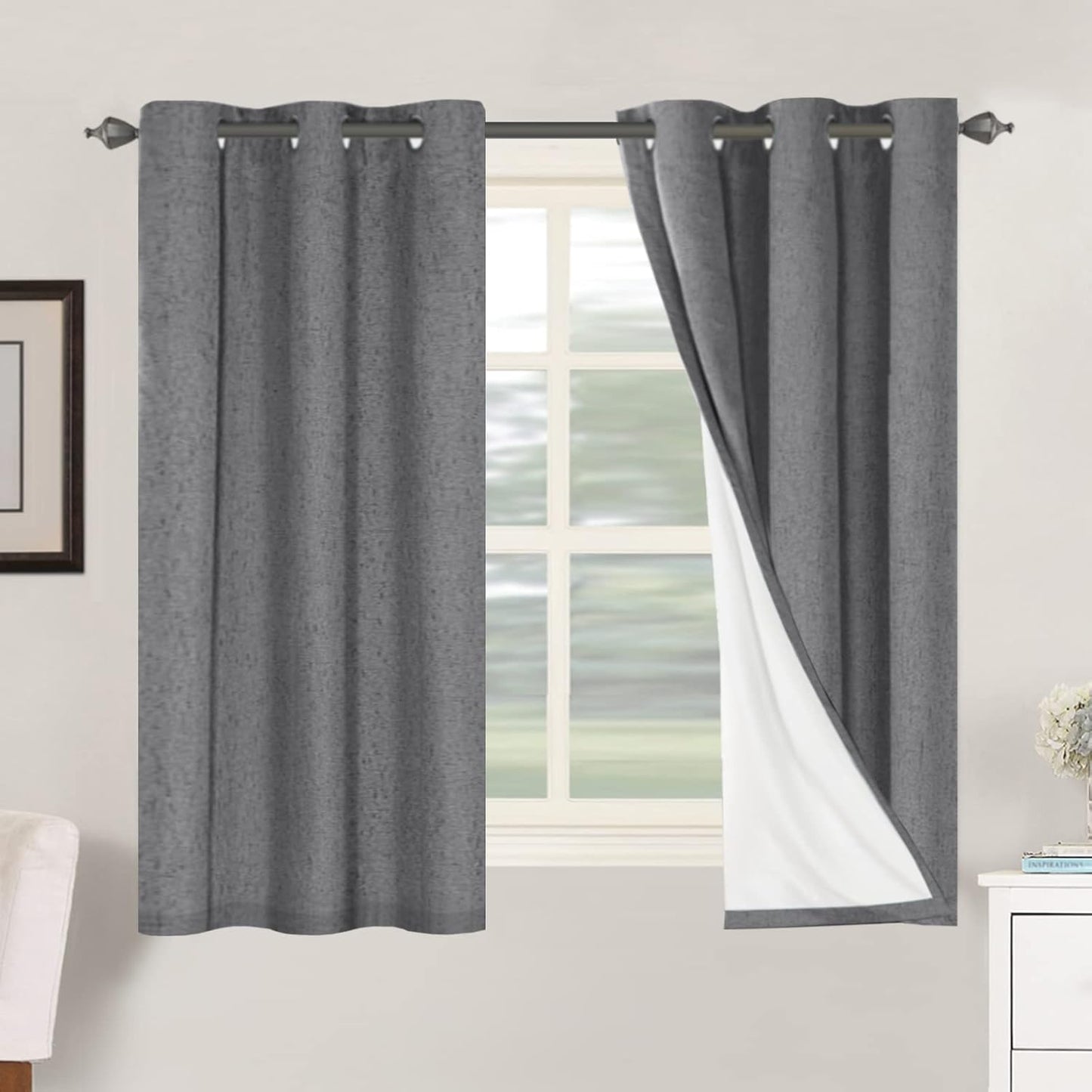 H.VERSAILTEX Linen Blackout Curtains 45 Inches Long 100% Blackout Thermal Insulated Textured Linen Look Curtain Draperies Anti-Rust Grommet, Energy Saving with White Liner, 2 Panels, Natural