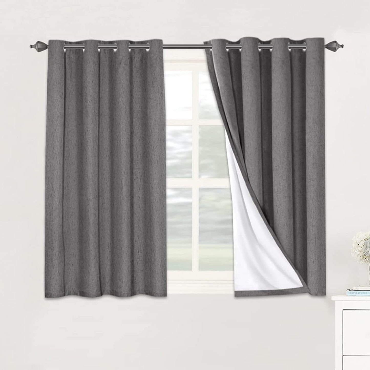 H.VERSAILTEX Linen Blackout Curtains 45 Inches Long 100% Blackout Thermal Insulated Textured Linen Look Curtain Draperies Anti-Rust Grommet, Energy Saving with White Liner, 2 Panels, Natural