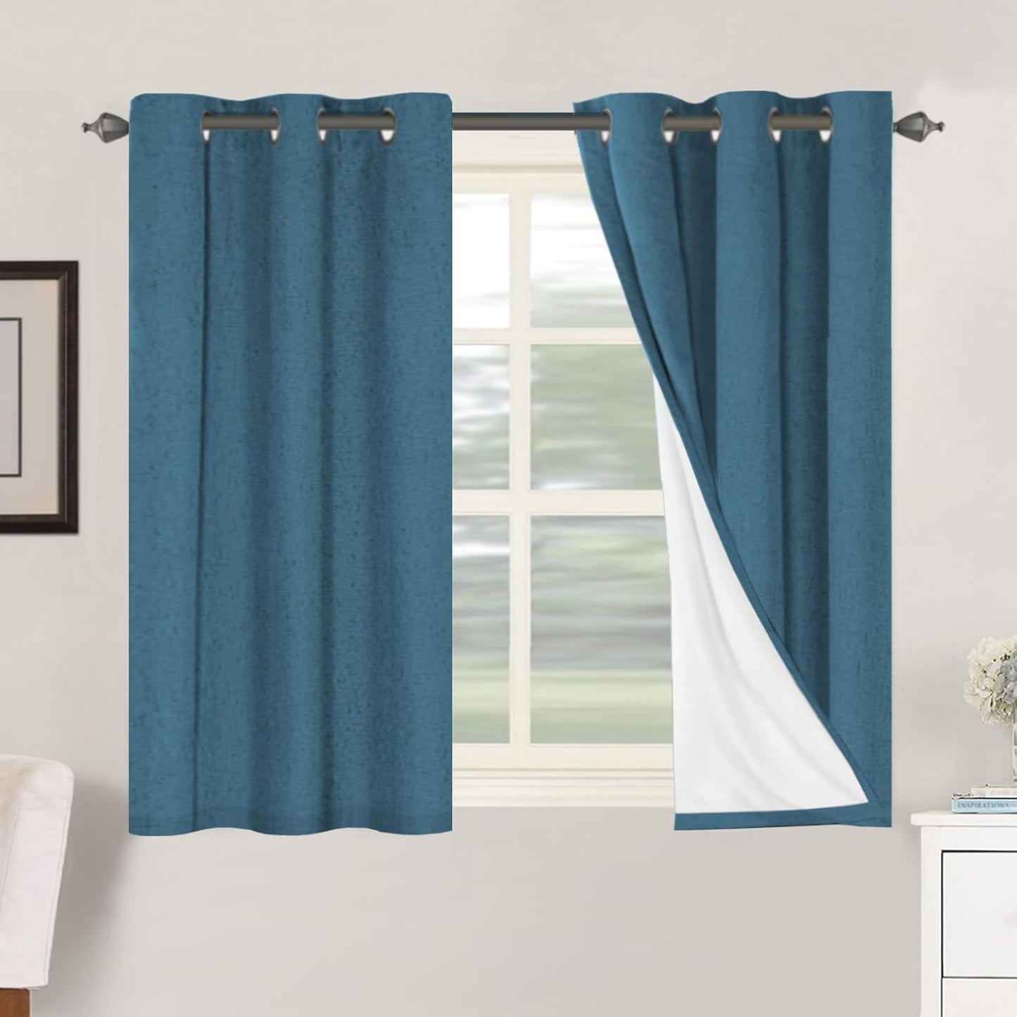 H.VERSAILTEX Linen Blackout Curtains 45 Inches Long 100% Blackout Thermal Insulated Textured Linen Look Curtain Draperies Anti-Rust Grommet, Energy Saving with White Liner, 2 Panels, Natural