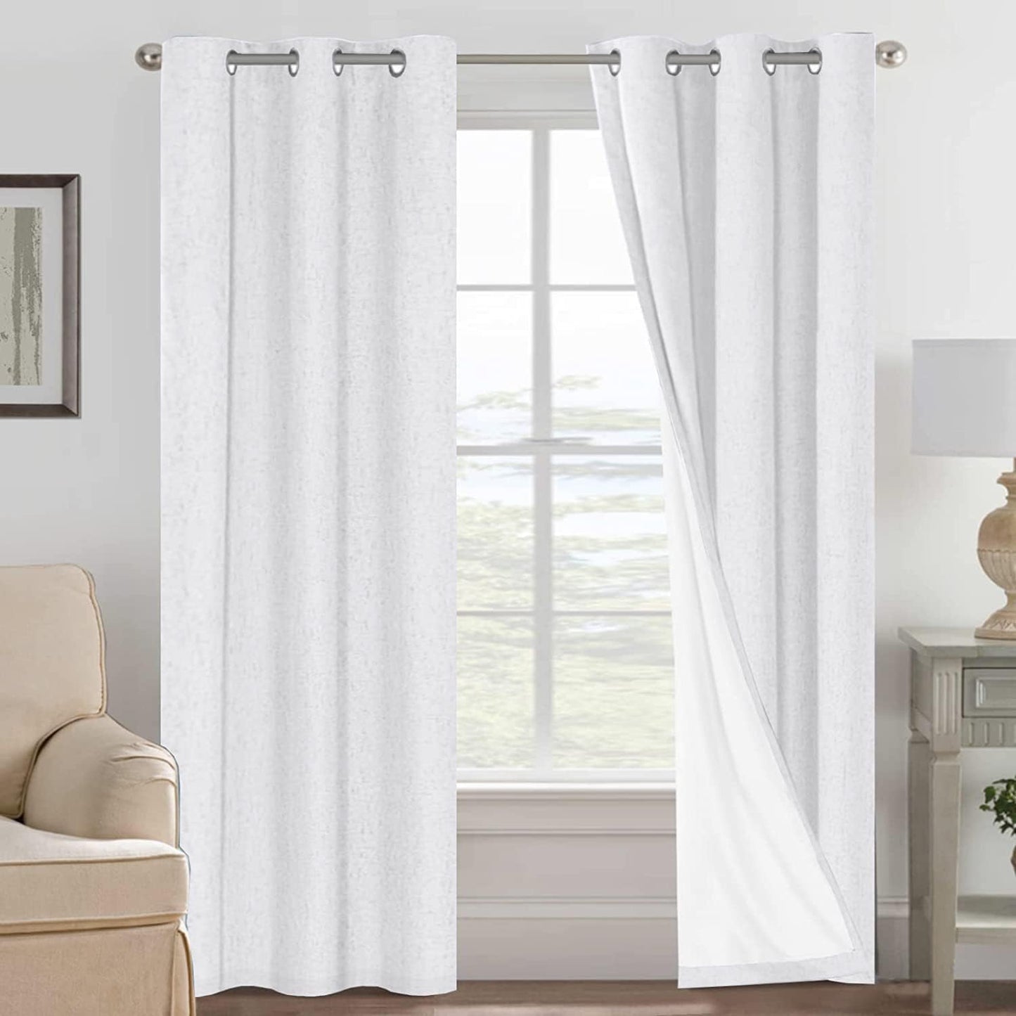 H.VERSAILTEX Linen Blackout Curtains 45 Inches Long 100% Blackout Thermal Insulated Textured Linen Look Curtain Draperies Anti-Rust Grommet, Energy Saving with White Liner, 2 Panels, Natural