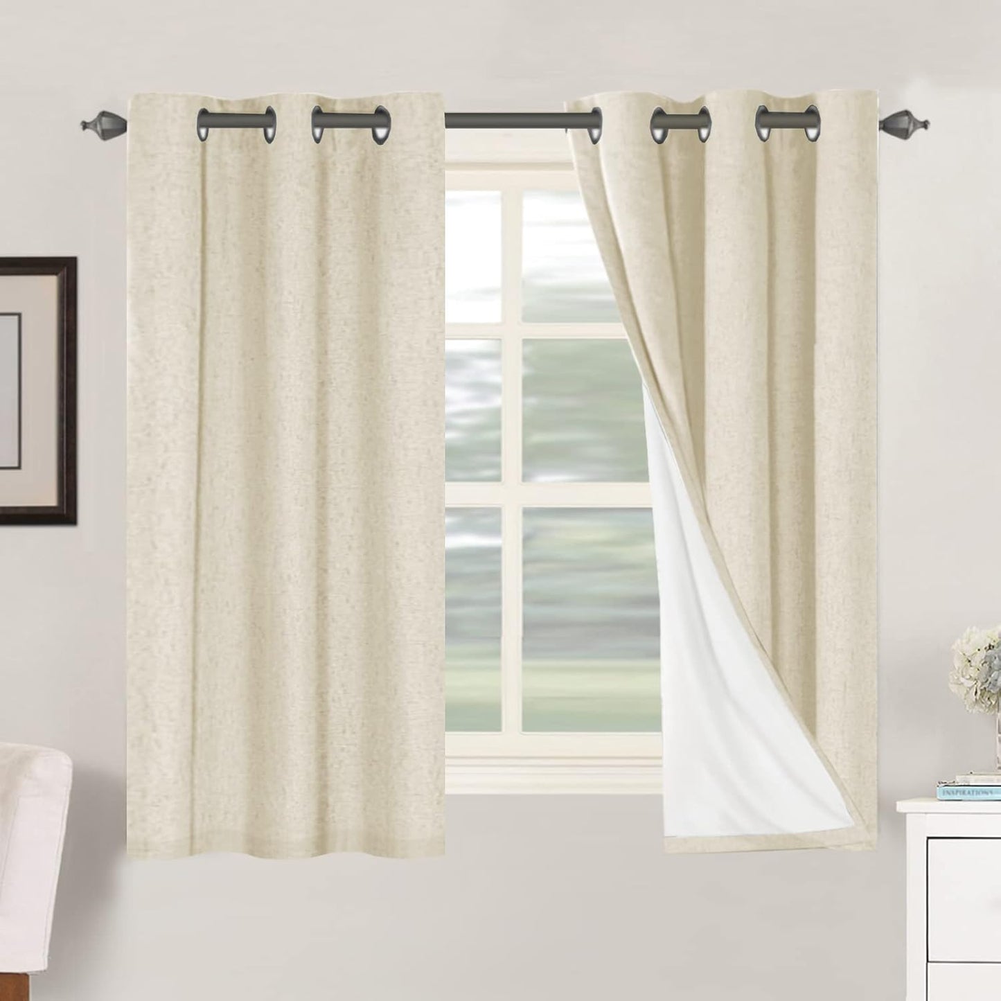 H.VERSAILTEX Linen Blackout Curtains 45 Inches Long 100% Blackout Thermal Insulated Textured Linen Look Curtain Draperies Anti-Rust Grommet, Energy Saving with White Liner, 2 Panels, Natural