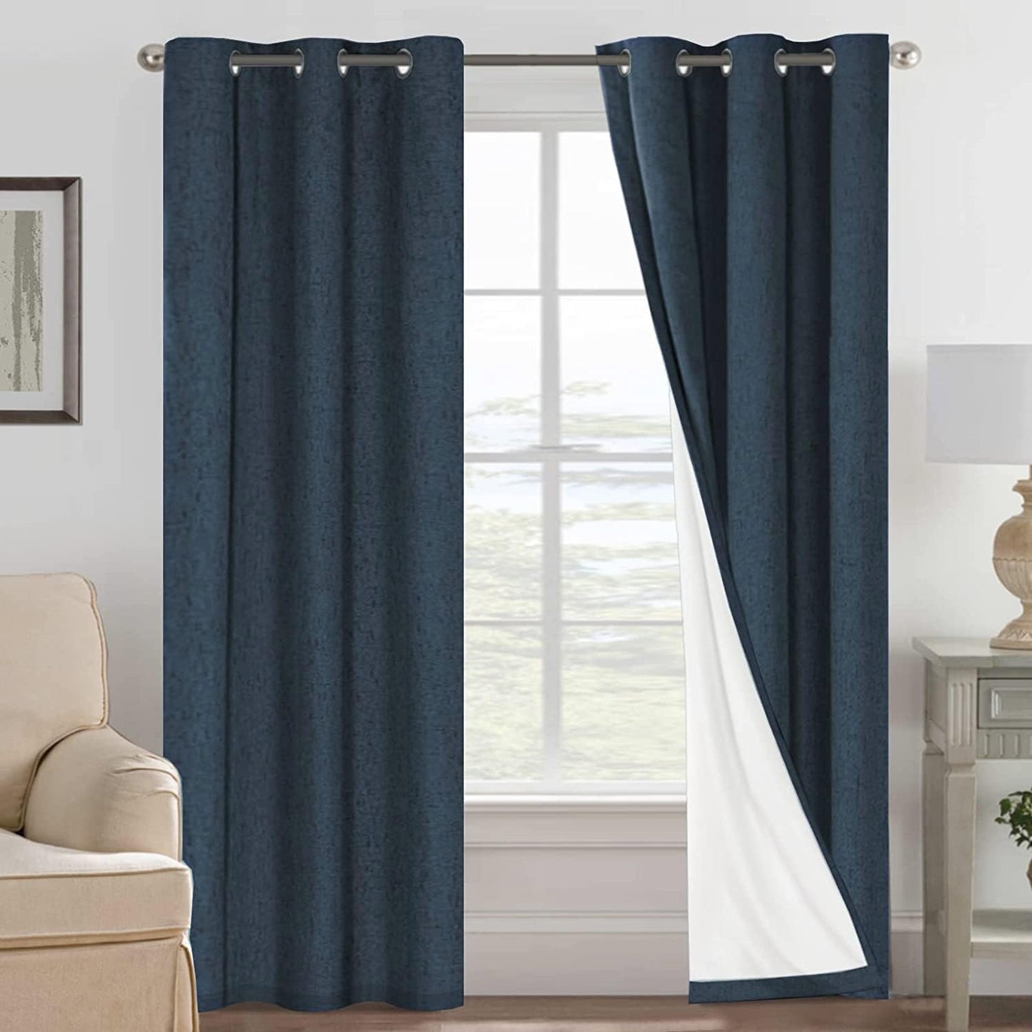 H.VERSAILTEX Linen Blackout Curtains 45 Inches Long 100% Blackout Thermal Insulated Textured Linen Look Curtain Draperies Anti-Rust Grommet, Energy Saving with White Liner, 2 Panels, Natural