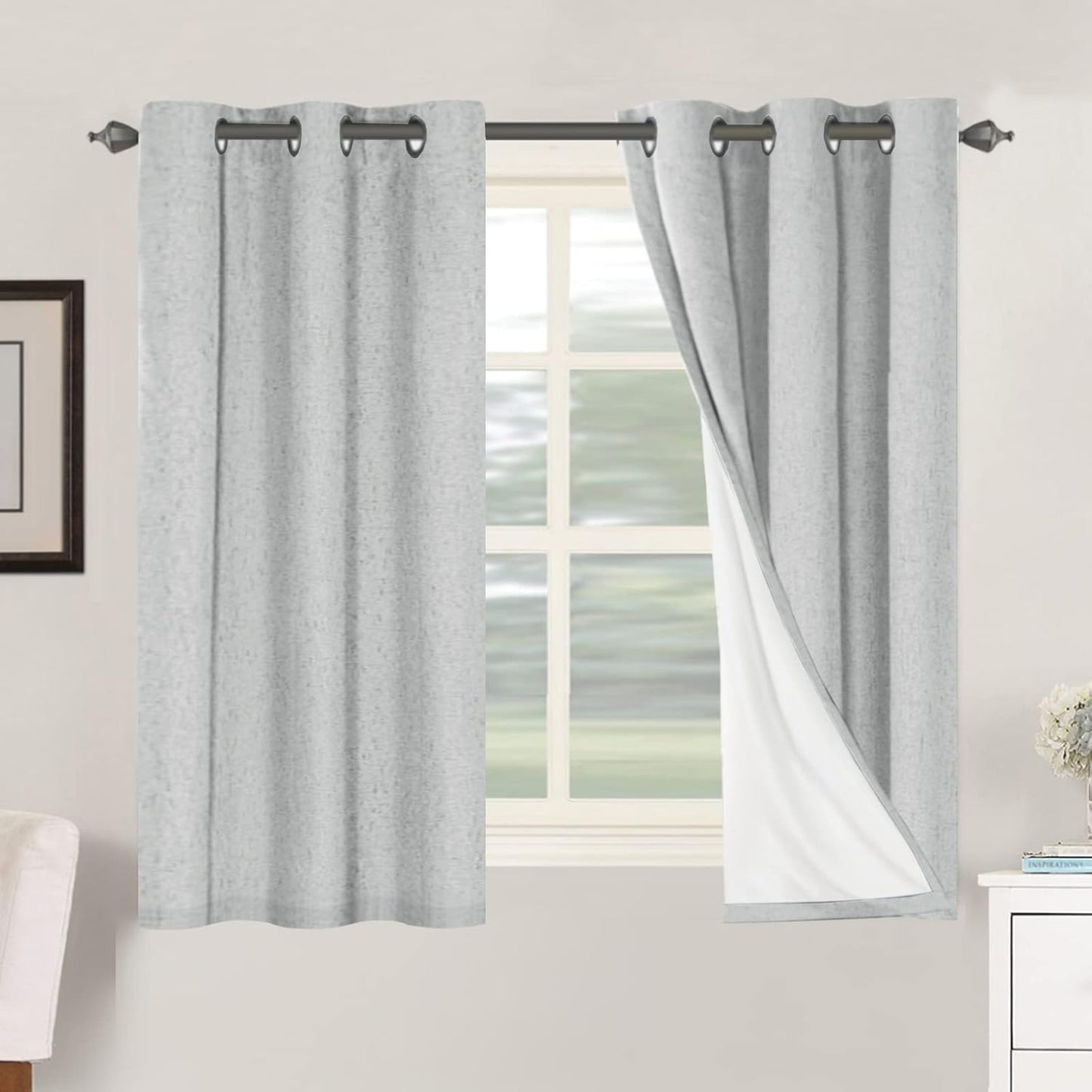 H.VERSAILTEX Linen Blackout Curtains 45 Inches Long 100% Blackout Thermal Insulated Textured Linen Look Curtain Draperies Anti-Rust Grommet, Energy Saving with White Liner, 2 Panels, Natural