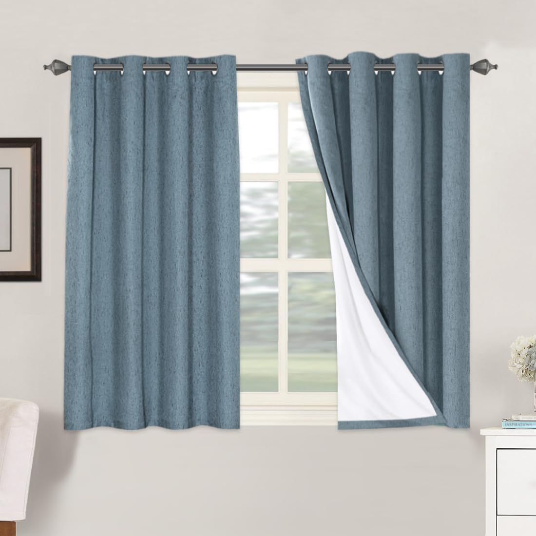 H.VERSAILTEX Linen Blackout Curtains 45 Inches Long 100% Blackout Thermal Insulated Textured Linen Look Curtain Draperies Anti-Rust Grommet, Energy Saving with White Liner, 2 Panels, Natural