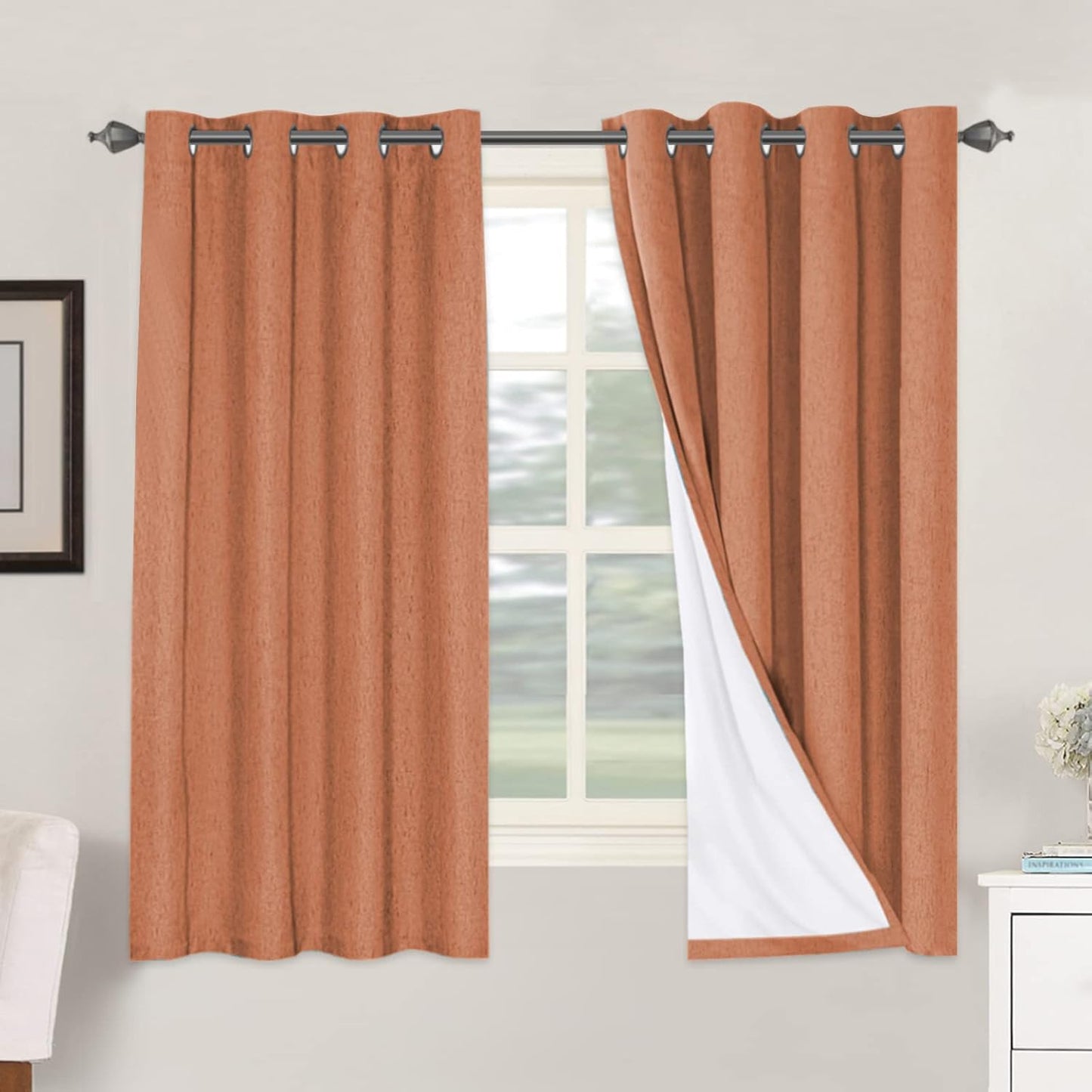 H.VERSAILTEX Linen Blackout Curtains 45 Inches Long 100% Blackout Thermal Insulated Textured Linen Look Curtain Draperies Anti-Rust Grommet, Energy Saving with White Liner, 2 Panels, Natural