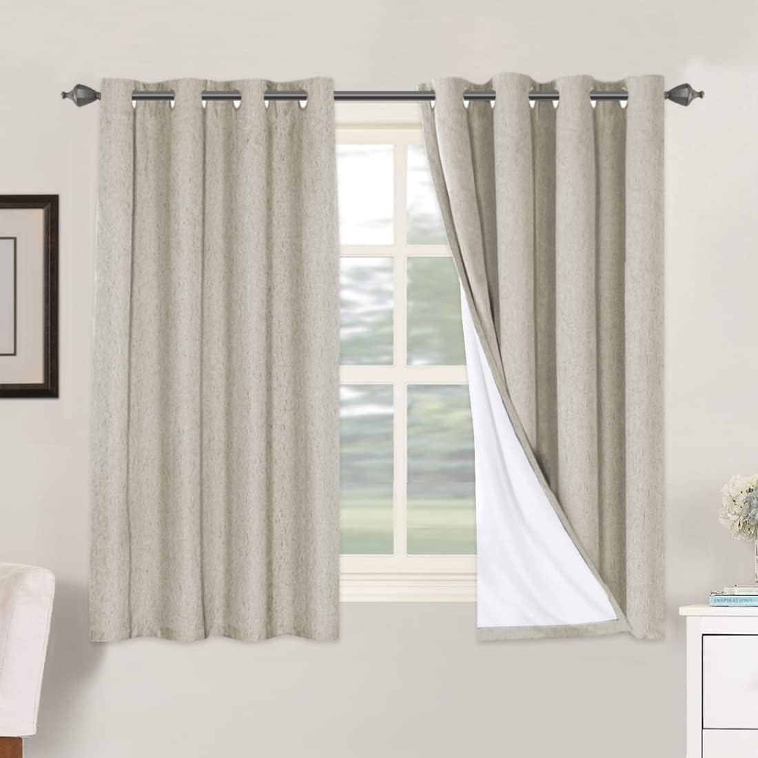H.VERSAILTEX Linen Blackout Curtains 45 Inches Long 100% Blackout Thermal Insulated Textured Linen Look Curtain Draperies Anti-Rust Grommet, Energy Saving with White Liner, 2 Panels, Natural