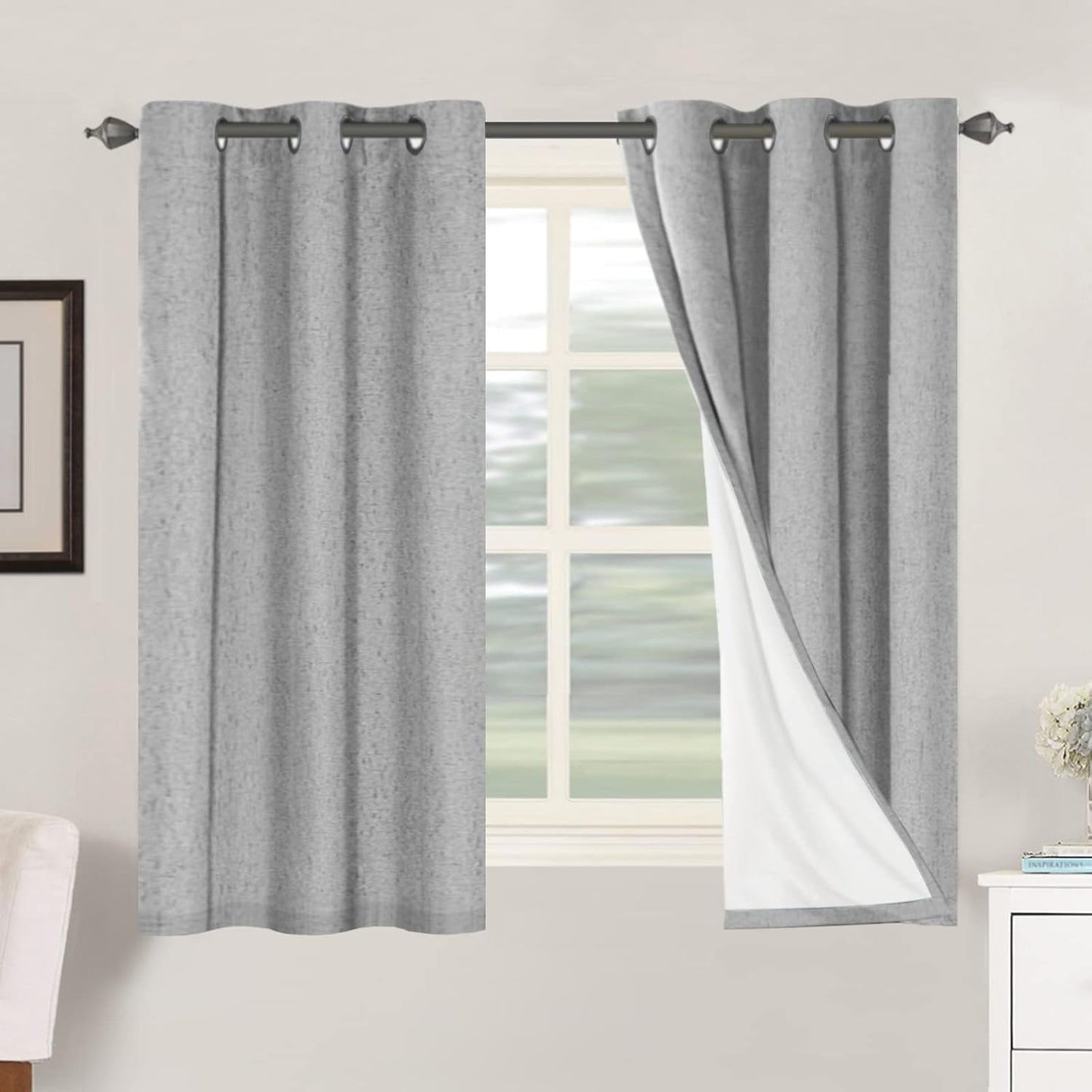 H.VERSAILTEX Linen Blackout Curtains 45 Inches Long 100% Blackout Thermal Insulated Textured Linen Look Curtain Draperies Anti-Rust Grommet, Energy Saving with White Liner, 2 Panels, Natural