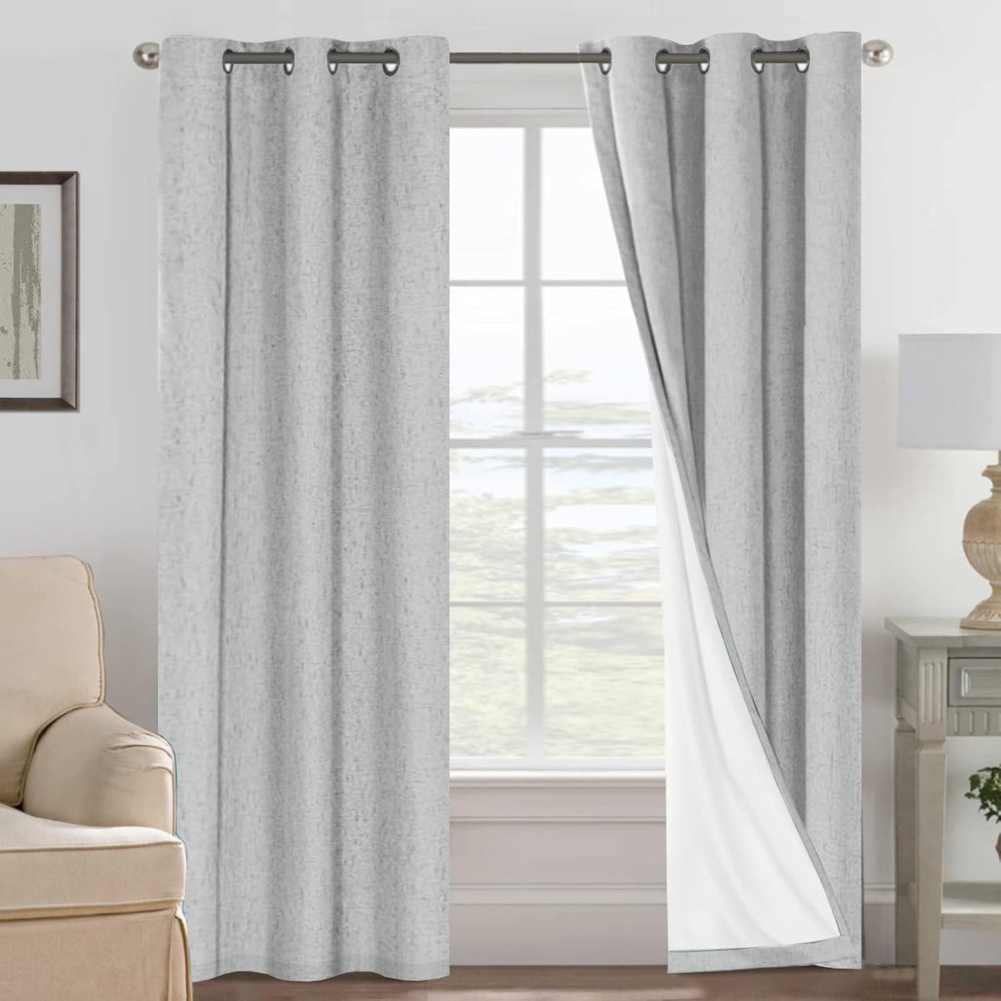 H.VERSAILTEX Linen Blackout Curtains 45 Inches Long 100% Blackout Thermal Insulated Textured Linen Look Curtain Draperies Anti-Rust Grommet, Energy Saving with White Liner, 2 Panels, Natural