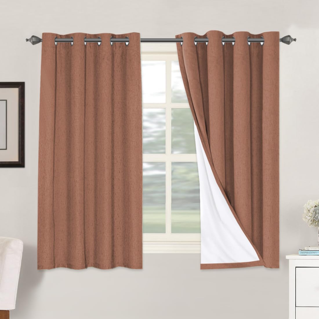 H.VERSAILTEX Linen Blackout Curtains 45 Inches Long 100% Blackout Thermal Insulated Textured Linen Look Curtain Draperies Anti-Rust Grommet, Energy Saving with White Liner, 2 Panels, Natural
