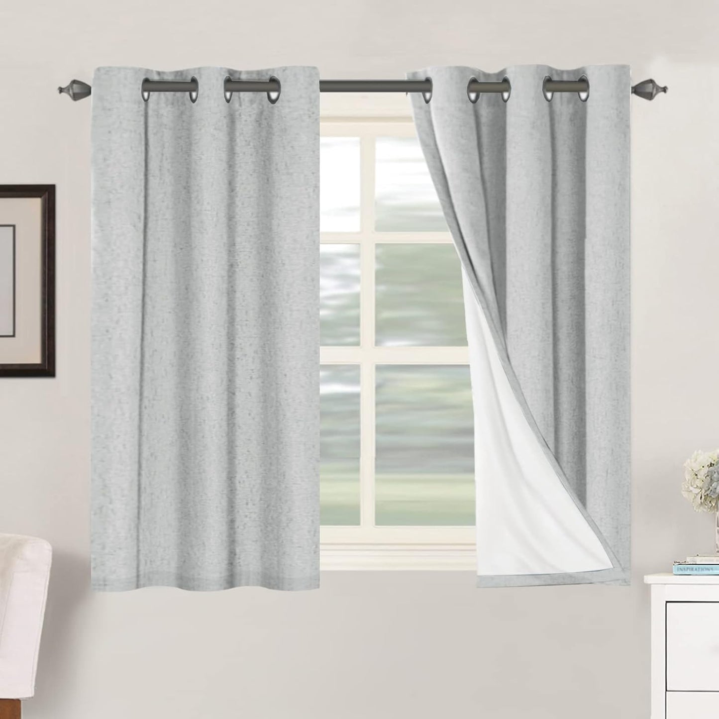 H.VERSAILTEX Linen Blackout Curtains 45 Inches Long 100% Blackout Thermal Insulated Textured Linen Look Curtain Draperies Anti-Rust Grommet, Energy Saving with White Liner, 2 Panels, Natural
