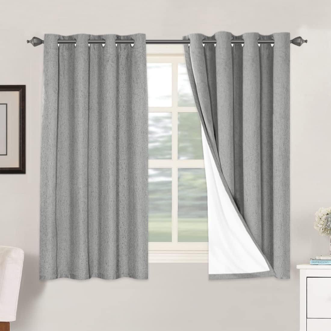 H.VERSAILTEX Linen Blackout Curtains 45 Inches Long 100% Blackout Thermal Insulated Textured Linen Look Curtain Draperies Anti-Rust Grommet, Energy Saving with White Liner, 2 Panels, Natural