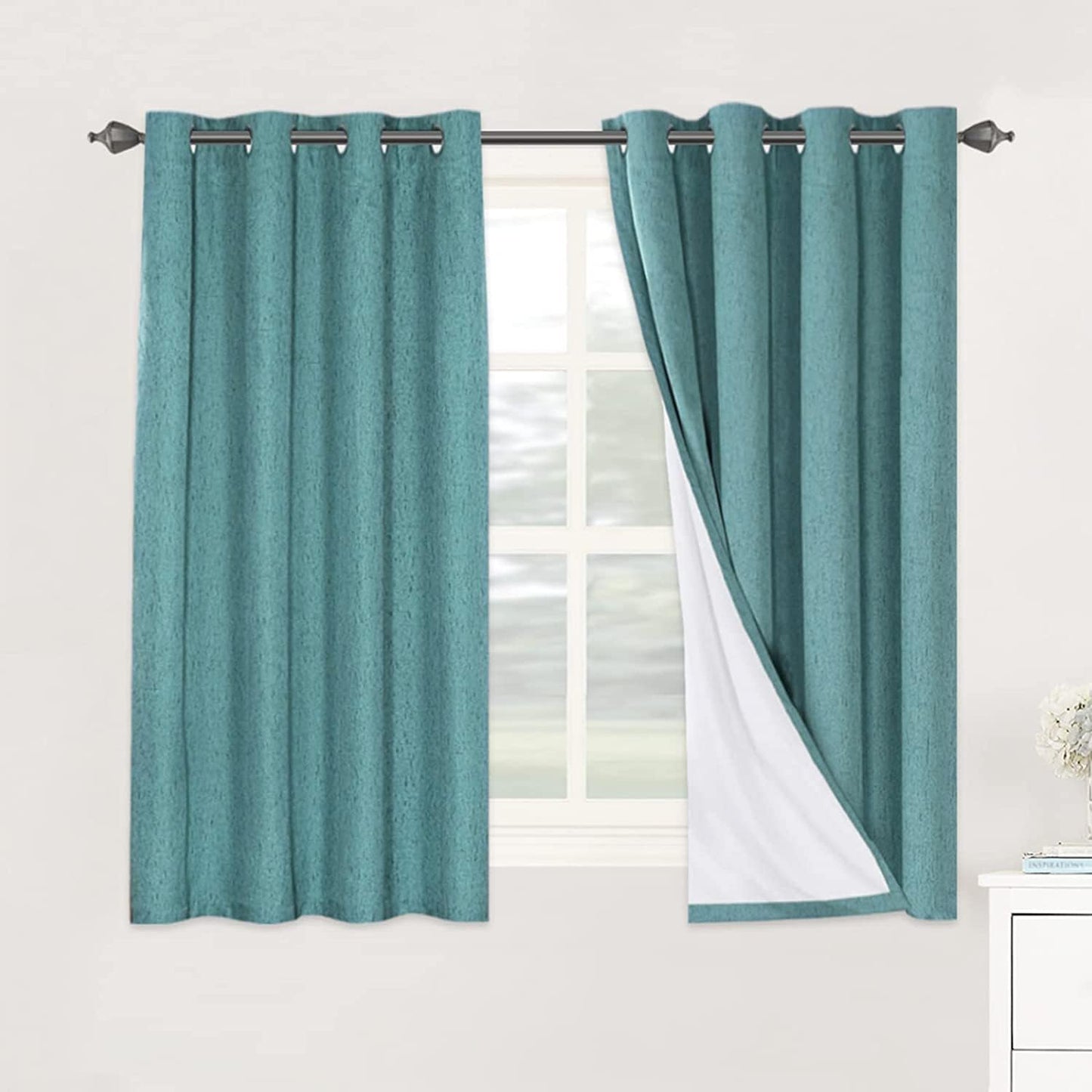 H.VERSAILTEX Linen Blackout Curtains 45 Inches Long 100% Blackout Thermal Insulated Textured Linen Look Curtain Draperies Anti-Rust Grommet, Energy Saving with White Liner, 2 Panels, Natural