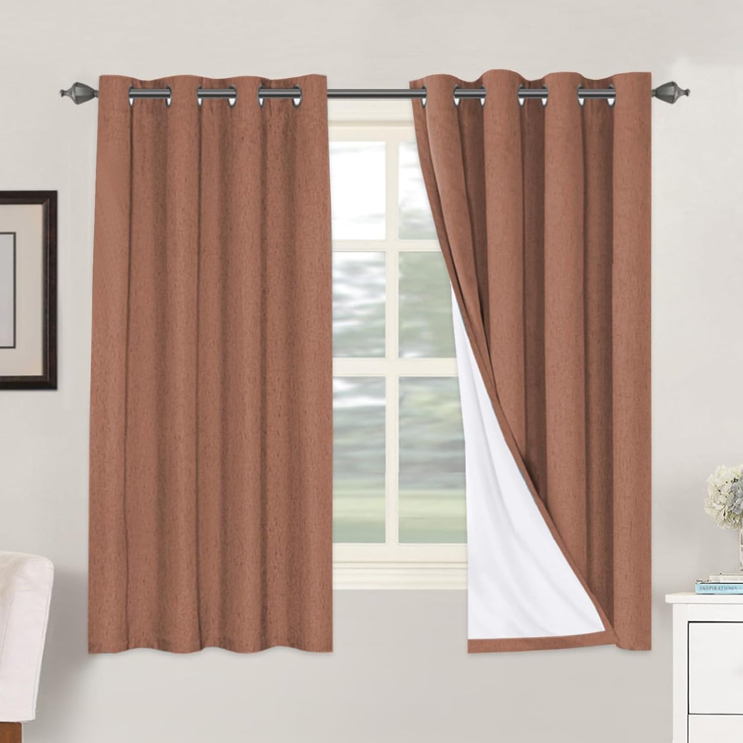 H.VERSAILTEX Linen Blackout Curtains 45 Inches Long 100% Blackout Thermal Insulated Textured Linen Look Curtain Draperies Anti-Rust Grommet, Energy Saving with White Liner, 2 Panels, Natural