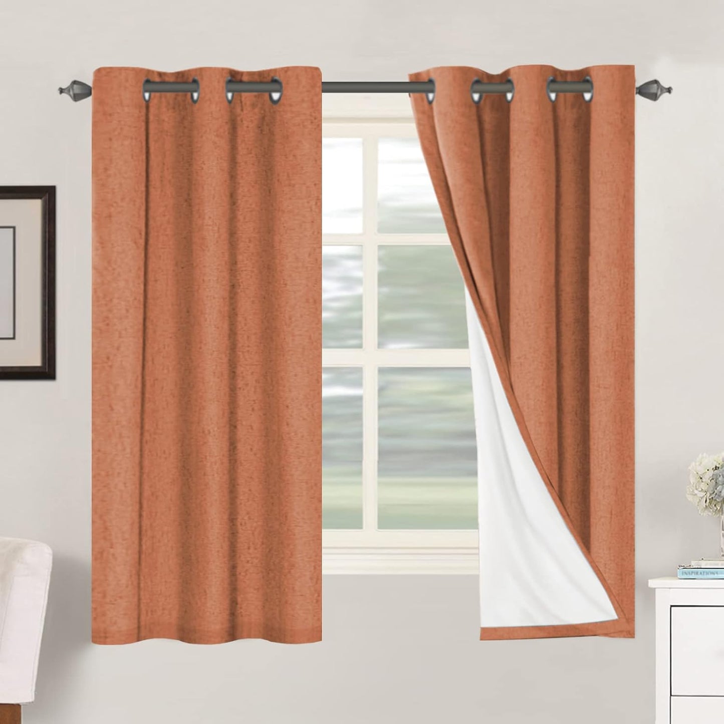 H.VERSAILTEX Linen Blackout Curtains 45 Inches Long 100% Blackout Thermal Insulated Textured Linen Look Curtain Draperies Anti-Rust Grommet, Energy Saving with White Liner, 2 Panels, Natural