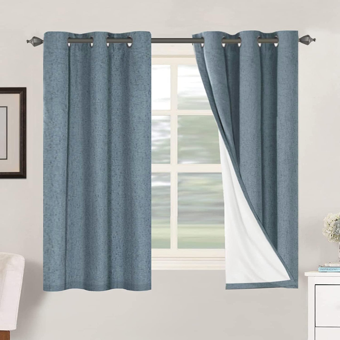 H.VERSAILTEX Linen Blackout Curtains 45 Inches Long 100% Blackout Thermal Insulated Textured Linen Look Curtain Draperies Anti-Rust Grommet, Energy Saving with White Liner, 2 Panels, Natural