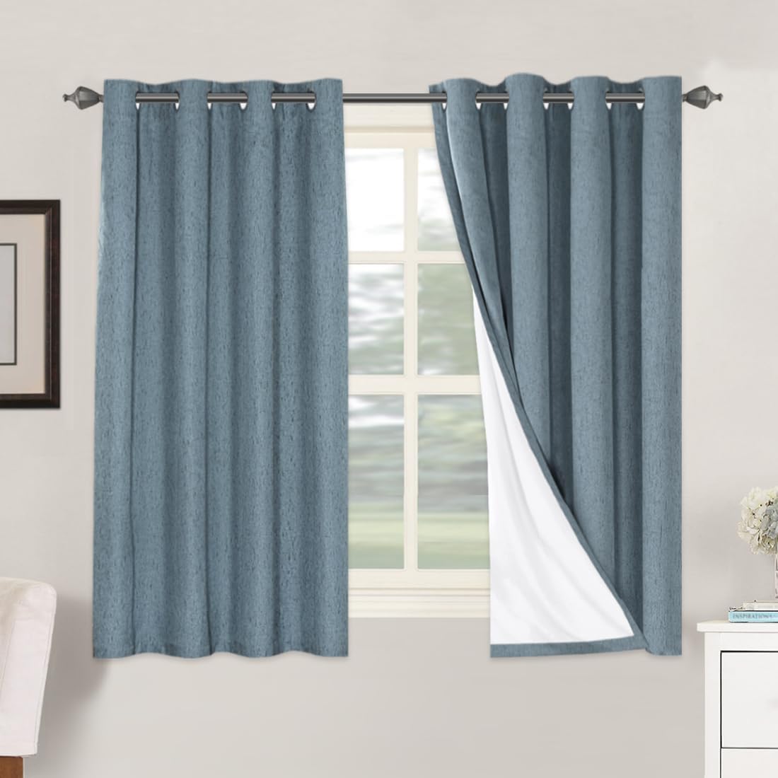 H.VERSAILTEX Linen Blackout Curtains 45 Inches Long 100% Blackout Thermal Insulated Textured Linen Look Curtain Draperies Anti-Rust Grommet, Energy Saving with White Liner, 2 Panels, Natural