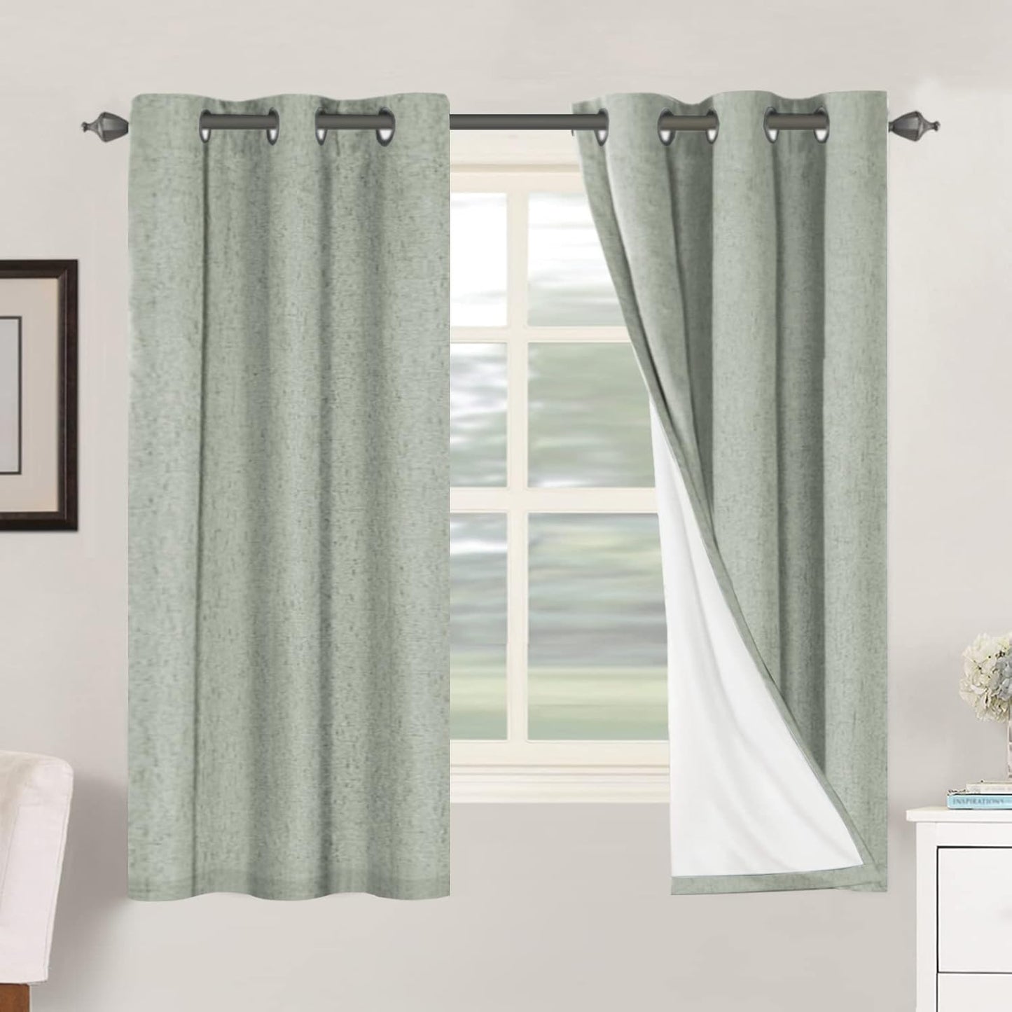 H.VERSAILTEX Linen Blackout Curtains 45 Inches Long 100% Blackout Thermal Insulated Textured Linen Look Curtain Draperies Anti-Rust Grommet, Energy Saving with White Liner, 2 Panels, Natural