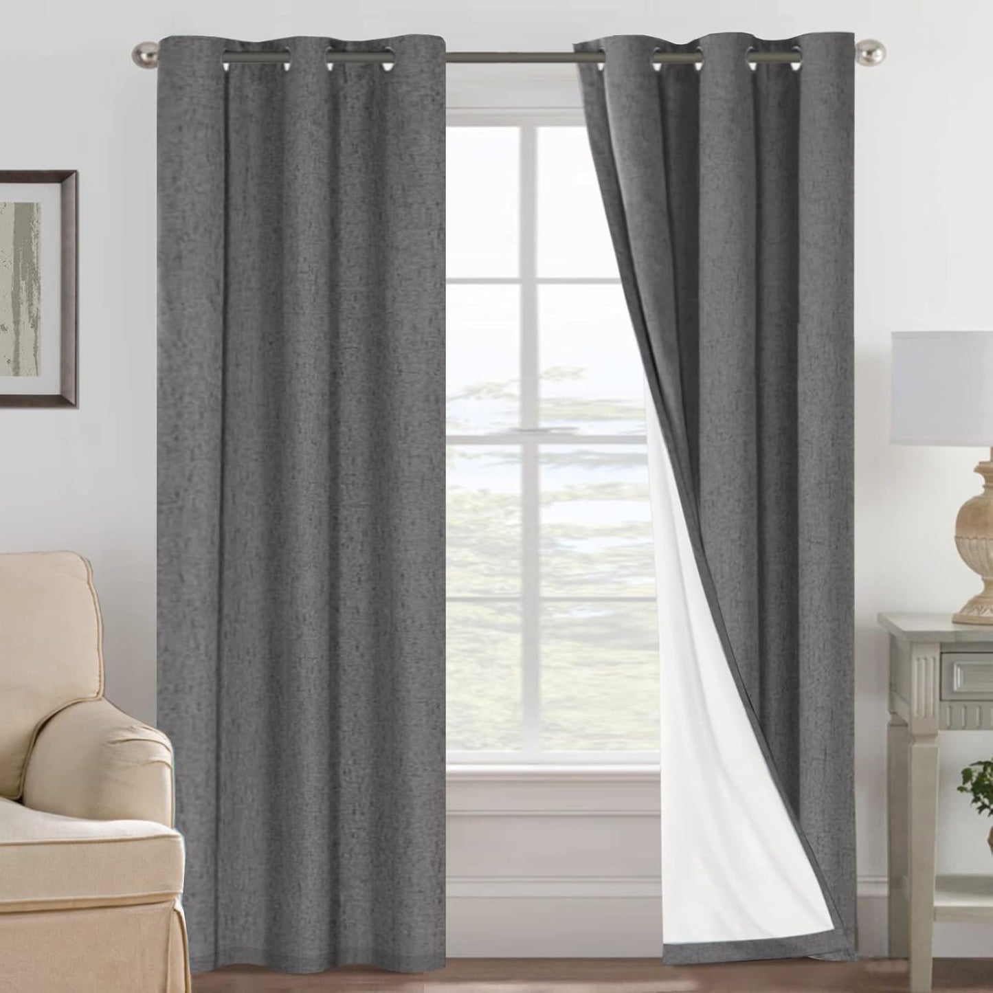 H.VERSAILTEX Linen Blackout Curtains 45 Inches Long 100% Blackout Thermal Insulated Textured Linen Look Curtain Draperies Anti-Rust Grommet, Energy Saving with White Liner, 2 Panels, Natural