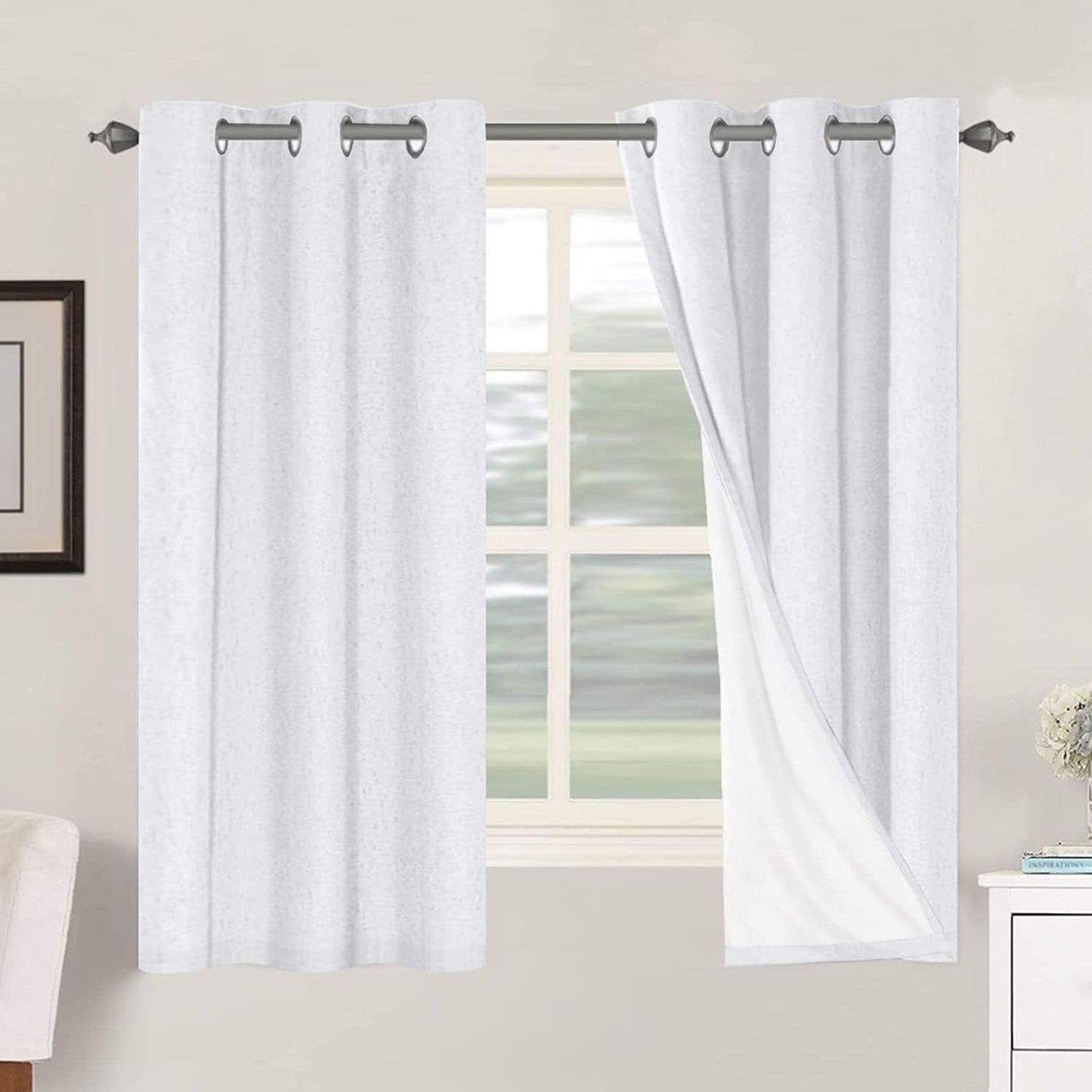 H.VERSAILTEX Linen Blackout Curtains 45 Inches Long 100% Blackout Thermal Insulated Textured Linen Look Curtain Draperies Anti-Rust Grommet, Energy Saving with White Liner, 2 Panels, Natural