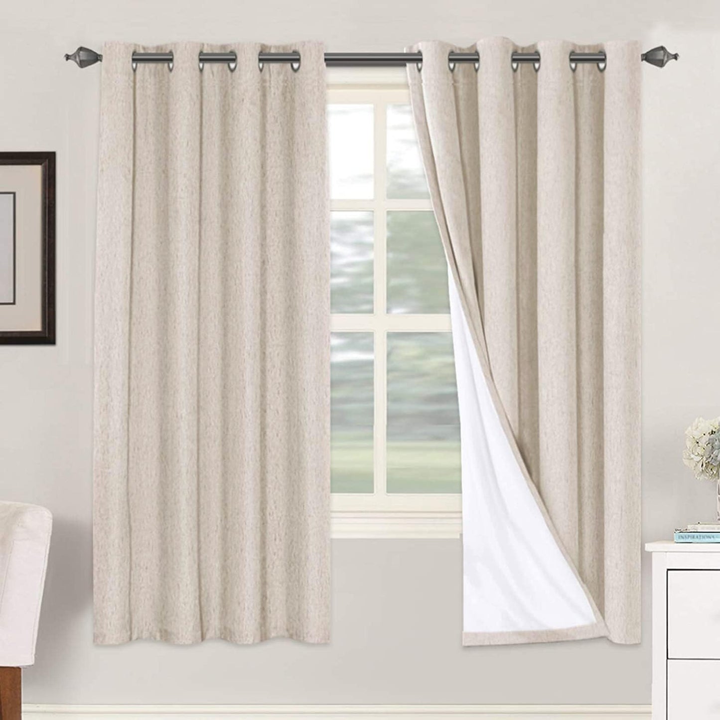H.VERSAILTEX Linen Blackout Curtains 45 Inches Long 100% Blackout Thermal Insulated Textured Linen Look Curtain Draperies Anti-Rust Grommet, Energy Saving with White Liner, 2 Panels, Natural