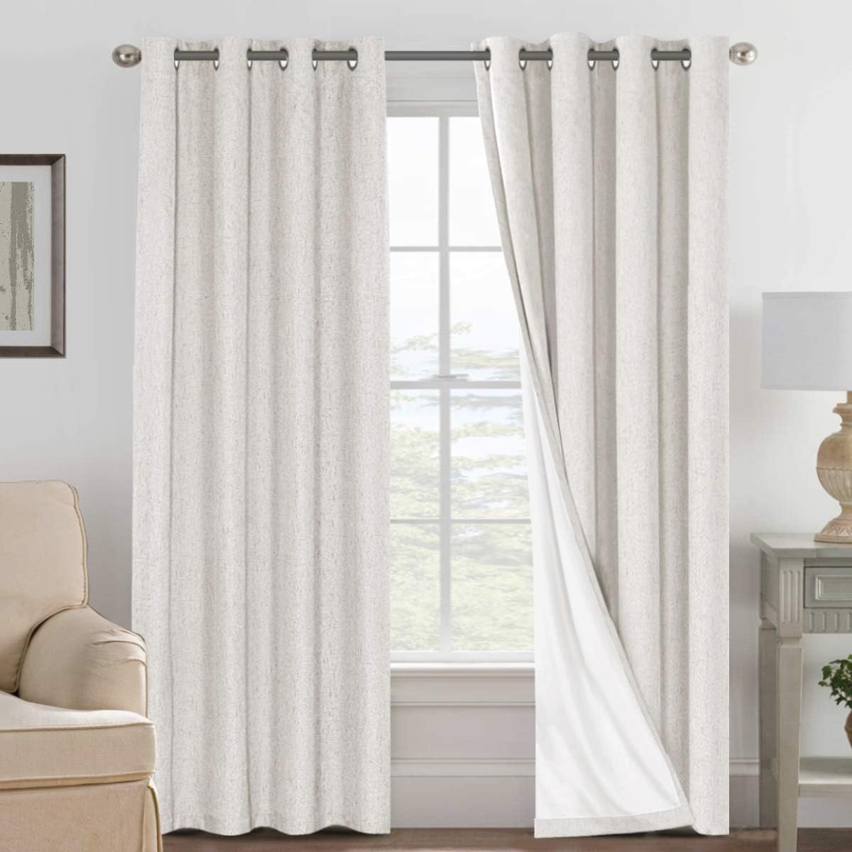 H.VERSAILTEX Linen Blackout Curtains 45 Inches Long 100% Blackout Thermal Insulated Textured Linen Look Curtain Draperies Anti-Rust Grommet, Energy Saving with White Liner, 2 Panels, Natural