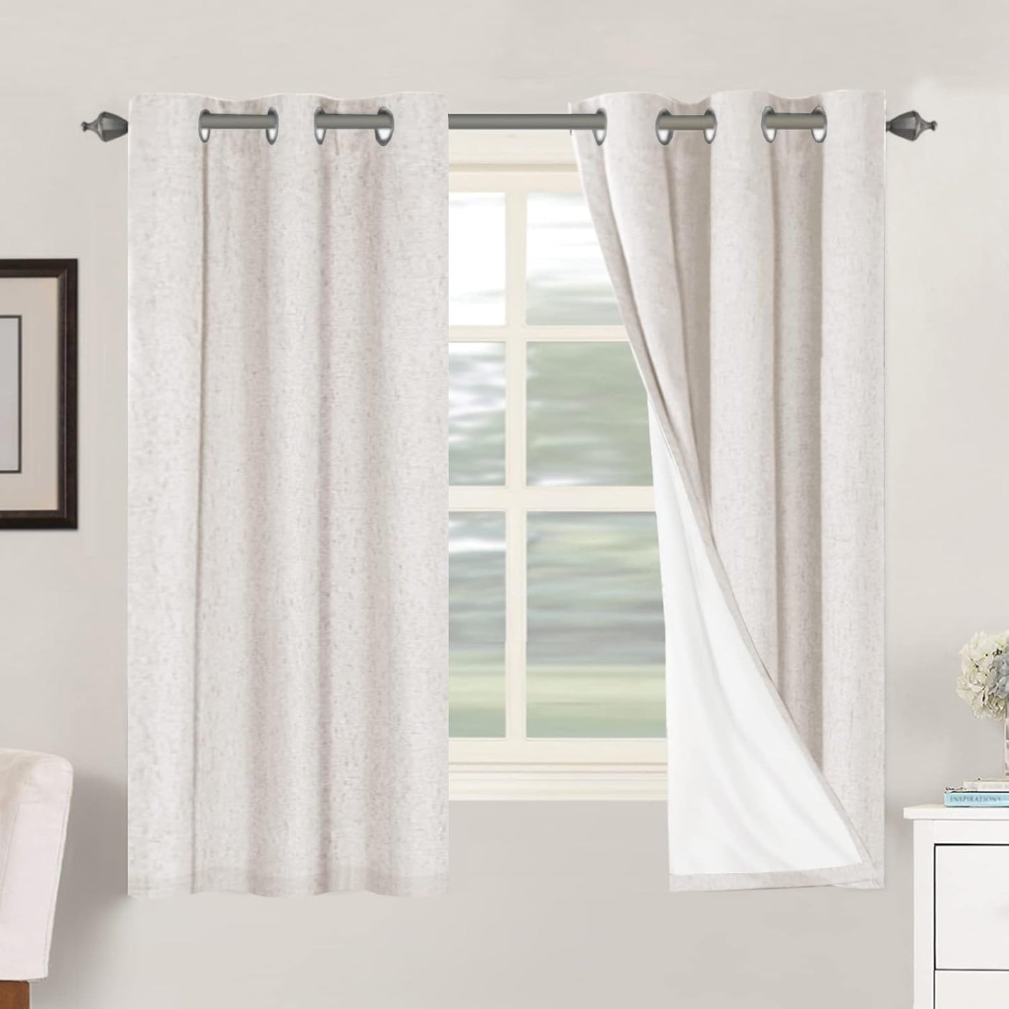 H.VERSAILTEX Linen Blackout Curtains 45 Inches Long 100% Blackout Thermal Insulated Textured Linen Look Curtain Draperies Anti-Rust Grommet, Energy Saving with White Liner, 2 Panels, Natural