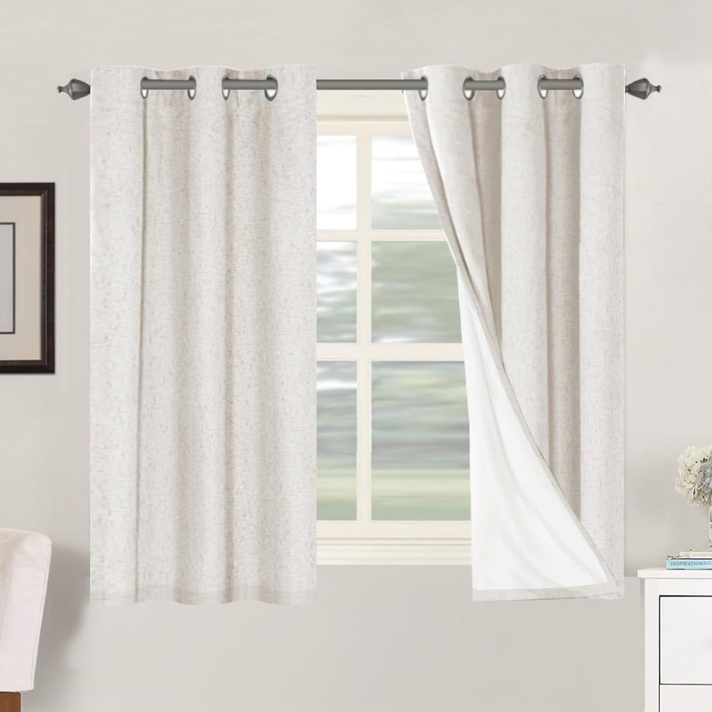 H.VERSAILTEX Linen Blackout Curtains 45 Inches Long 100% Blackout Thermal Insulated Textured Linen Look Curtain Draperies Anti-Rust Grommet, Energy Saving with White Liner, 2 Panels, Natural