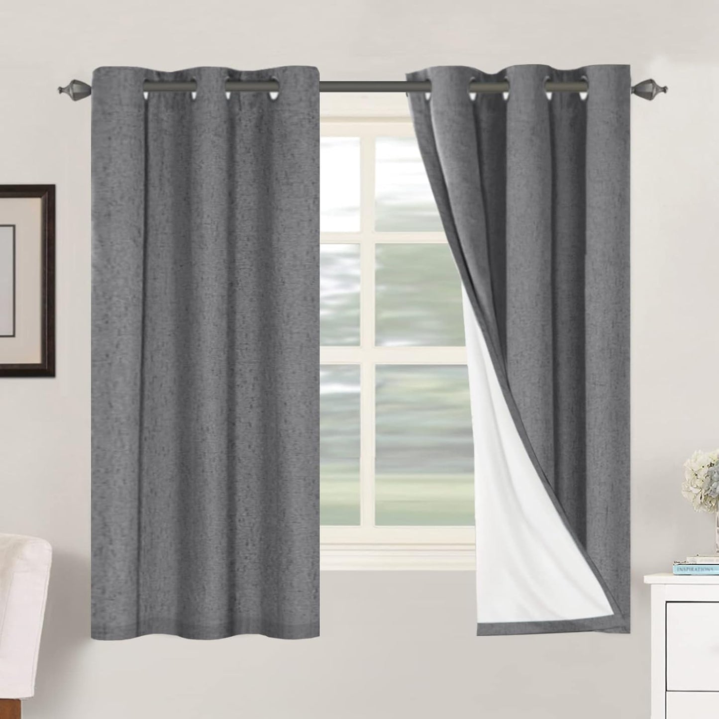 H.VERSAILTEX Linen Blackout Curtains 45 Inches Long 100% Blackout Thermal Insulated Textured Linen Look Curtain Draperies Anti-Rust Grommet, Energy Saving with White Liner, 2 Panels, Natural