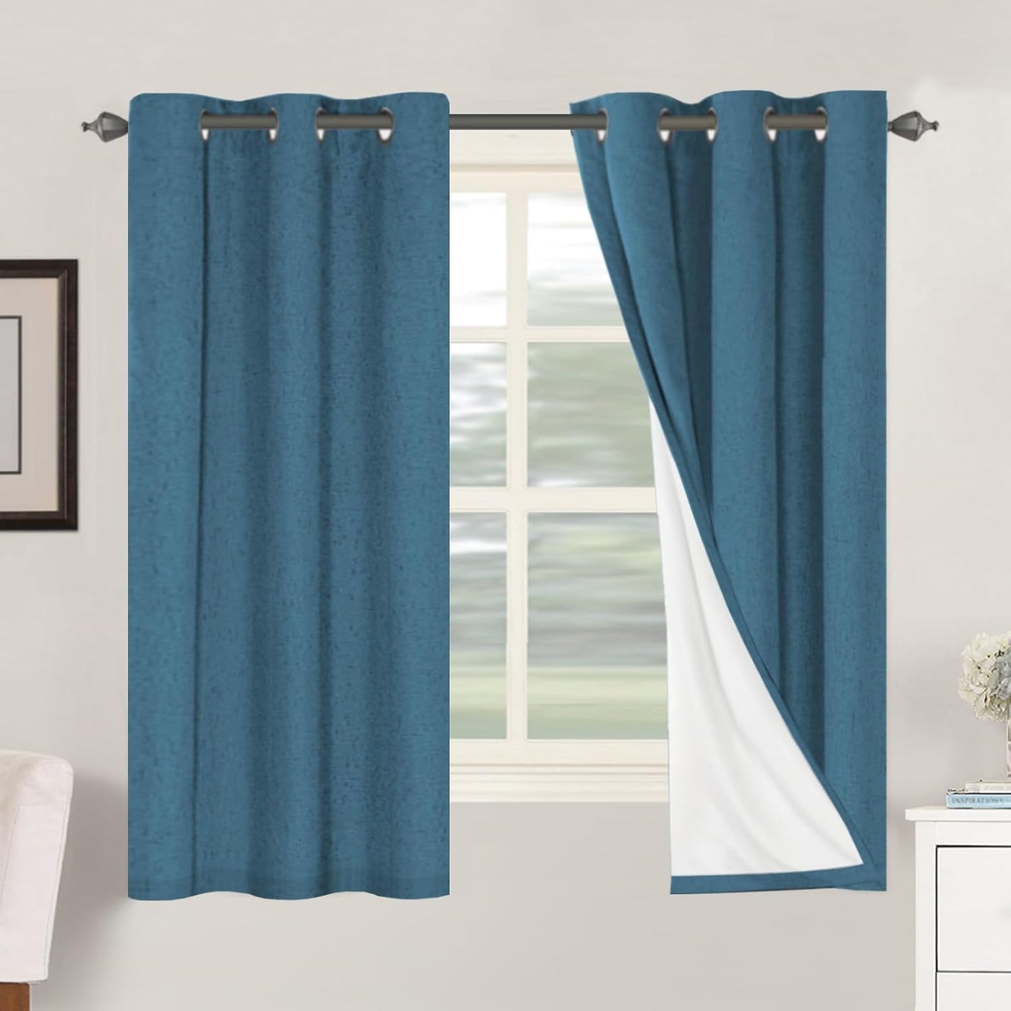 H.VERSAILTEX Linen Blackout Curtains 45 Inches Long 100% Blackout Thermal Insulated Textured Linen Look Curtain Draperies Anti-Rust Grommet, Energy Saving with White Liner, 2 Panels, Natural