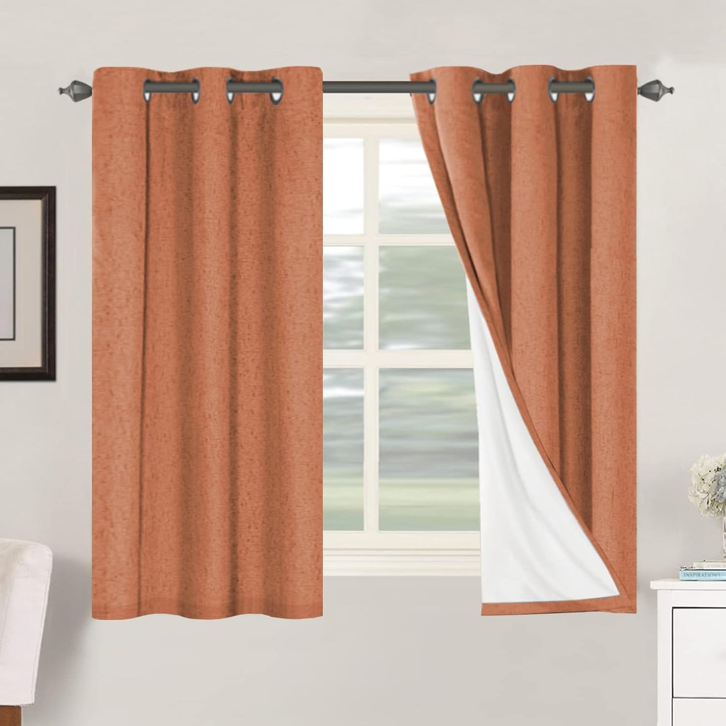 H.VERSAILTEX Linen Blackout Curtains 45 Inches Long 100% Blackout Thermal Insulated Textured Linen Look Curtain Draperies Anti-Rust Grommet, Energy Saving with White Liner, 2 Panels, Natural