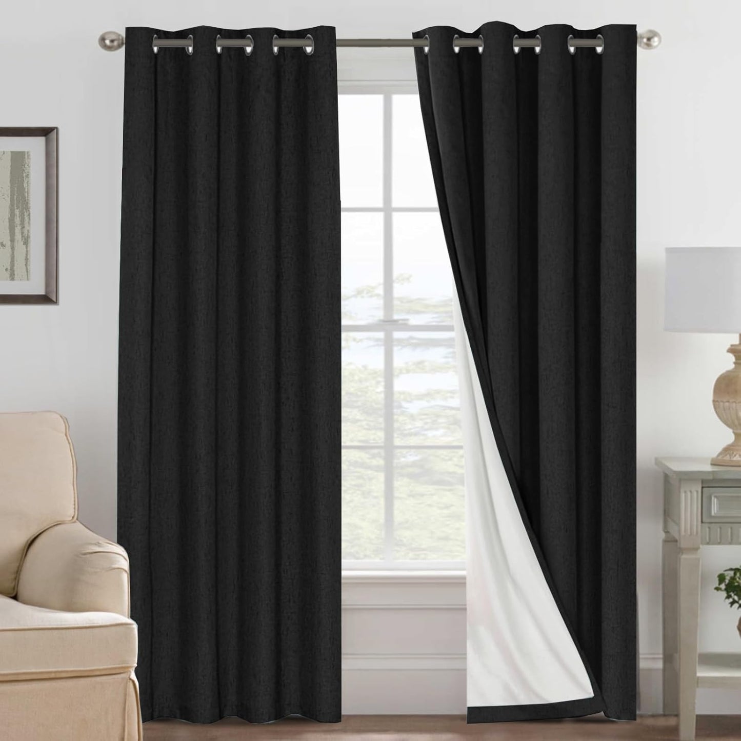 H.VERSAILTEX Linen Blackout Curtains 45 Inches Long 100% Blackout Thermal Insulated Textured Linen Look Curtain Draperies Anti-Rust Grommet, Energy Saving with White Liner, 2 Panels, Natural