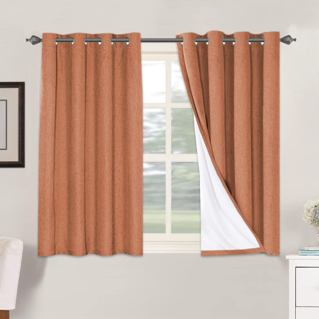 H.VERSAILTEX Linen Blackout Curtains 45 Inches Long 100% Blackout Thermal Insulated Textured Linen Look Curtain Draperies Anti-Rust Grommet, Energy Saving with White Liner, 2 Panels, Natural